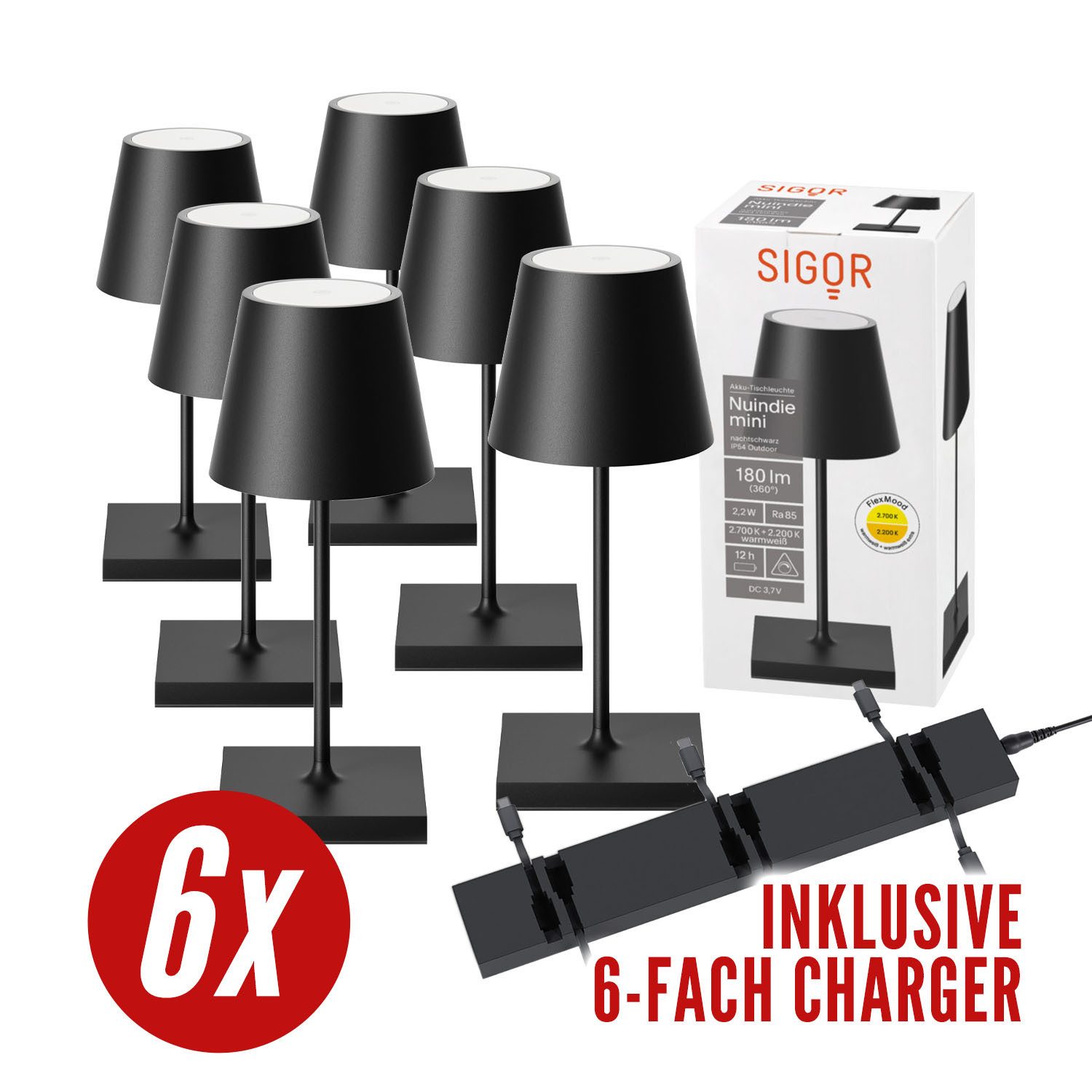 SIGOR LED Tischleuchte 6x Nuindie mini USB-C 250mm nachtschwarz + 1x Charger, Dimmbar, LED fest integriert, Warmweiß