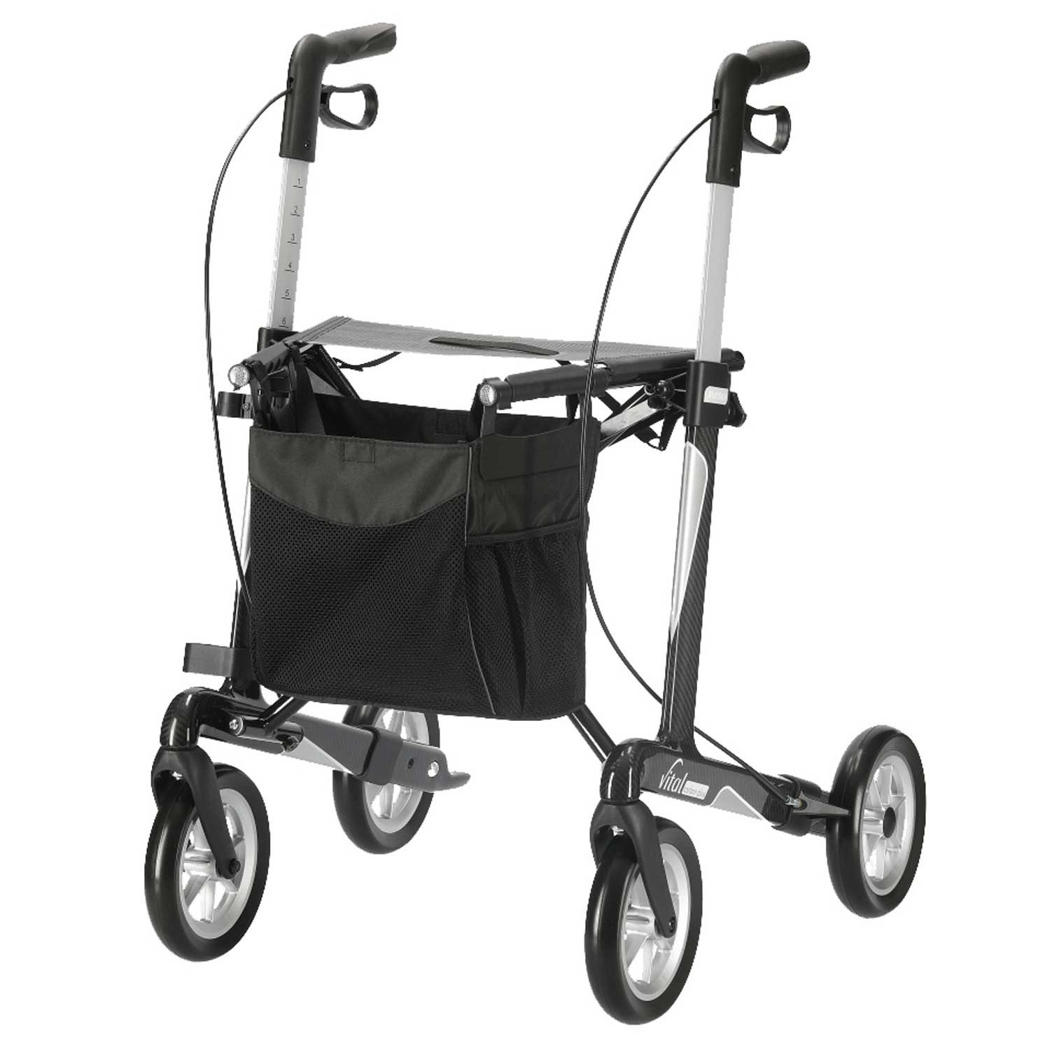 RUSSKA Rollator RUSSKA Vital Carbon Plus Rollator Carbonschwarz, Sitzhöhe 54 cm, Soft-PU-Räder, magnetische Faltverriegelung, Kantenabweiser
