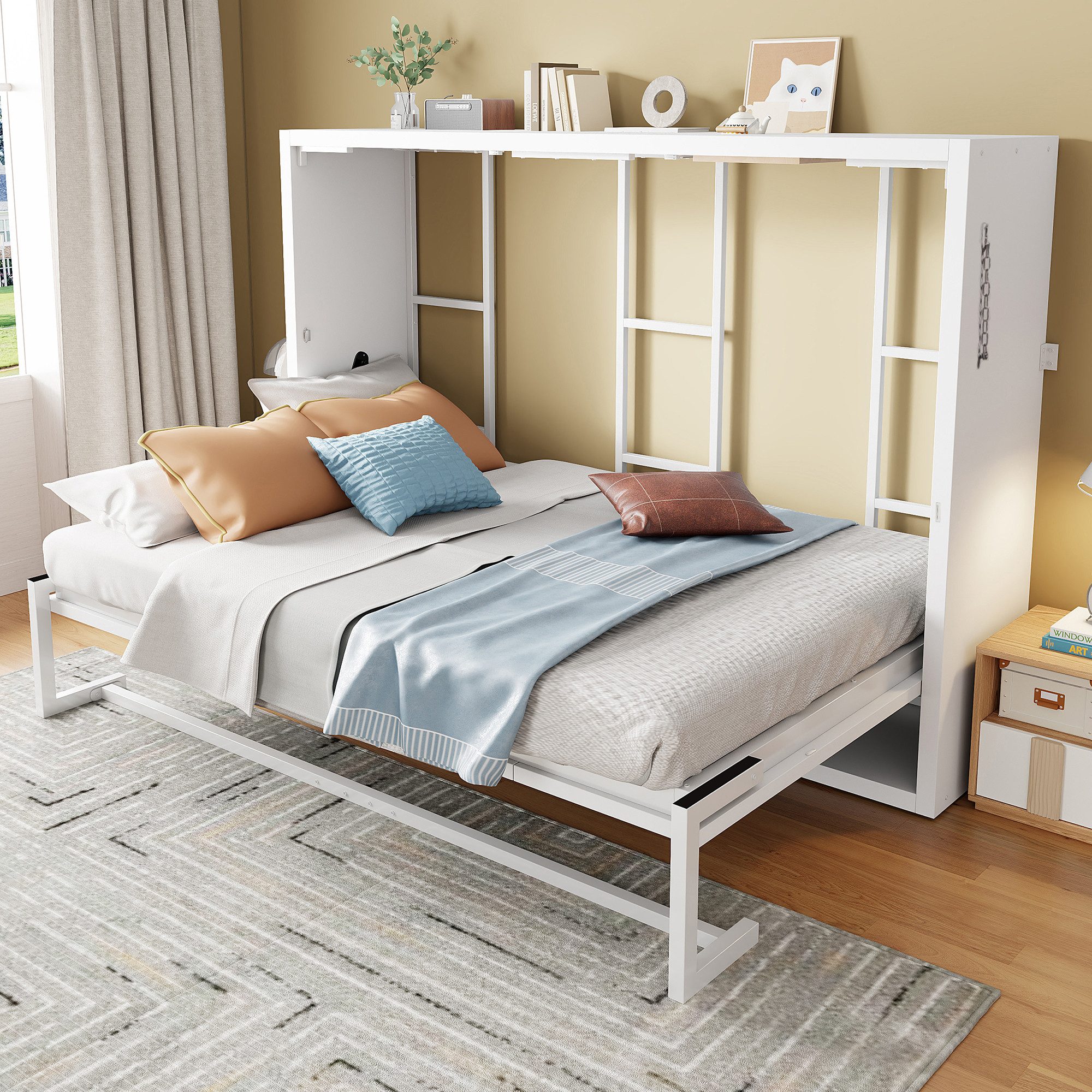 HAUSS SPOLE Klappbett 140x200 mit Metallrahmen,Wandklappbett Faltbett mit Holzplatte,Weiß (Murphy-Bett Funktionsbett mit Metallrahmen und verriegelbarer Wandbefestigung, ohne Matratze)