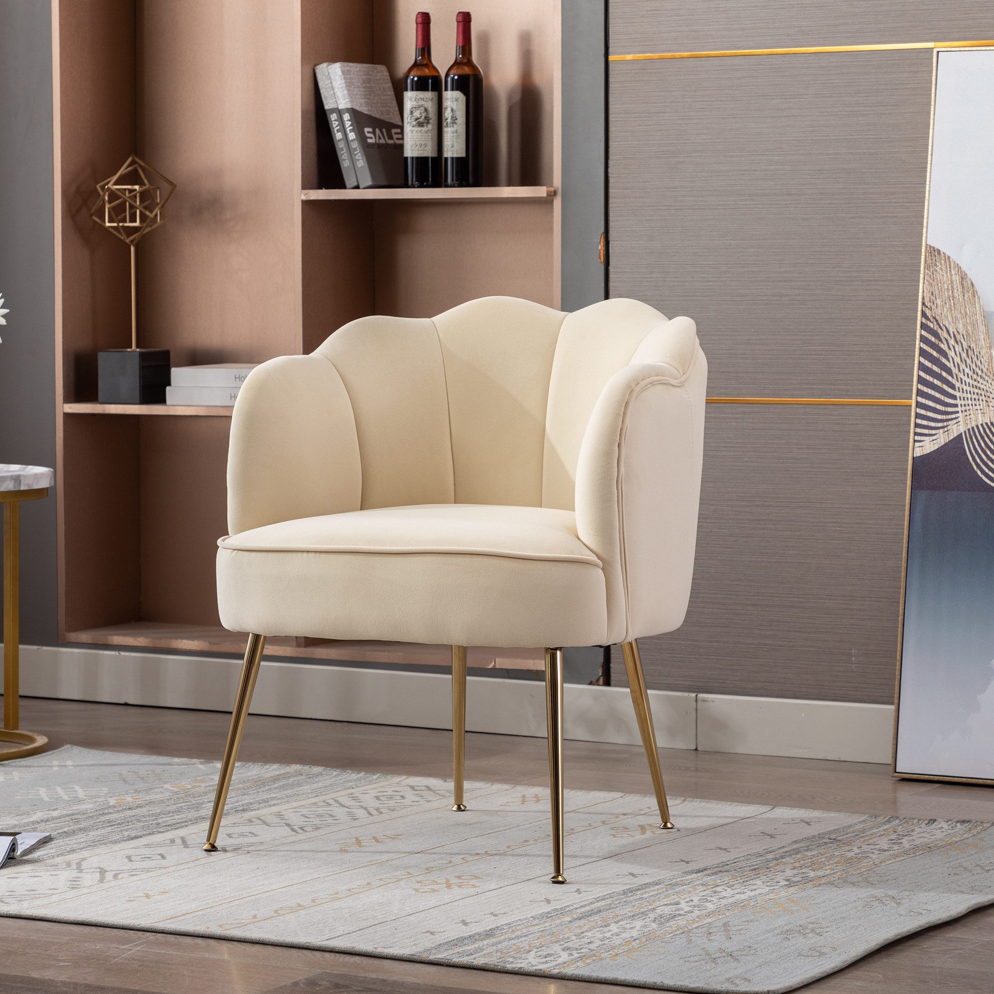 FUROKOY Sessel Blume geformt Samt Wohnzimmer Schlafzimmer Möbel Sessel, (Armlehnensessel mit verstellbare Beine), Lounge-Sessel mit niedriger Rückenlehne mit Gold Beine, Beige