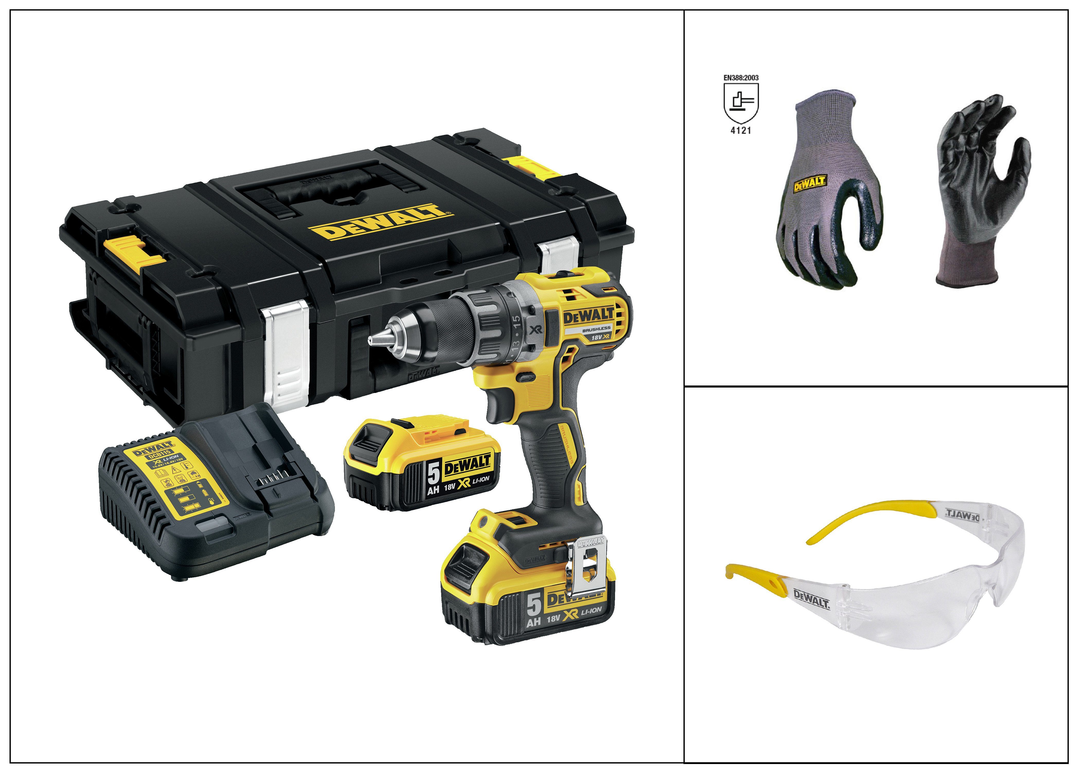 DeWalt Akku-Bohrschrauber Set DCD791P2-QW Bohrleistung max. 40/13 Schutzbrille 5 Handschuhe, T STAK-Box, (bl) 460 Akkus, 2x mit Ah Watt, 18V, mm