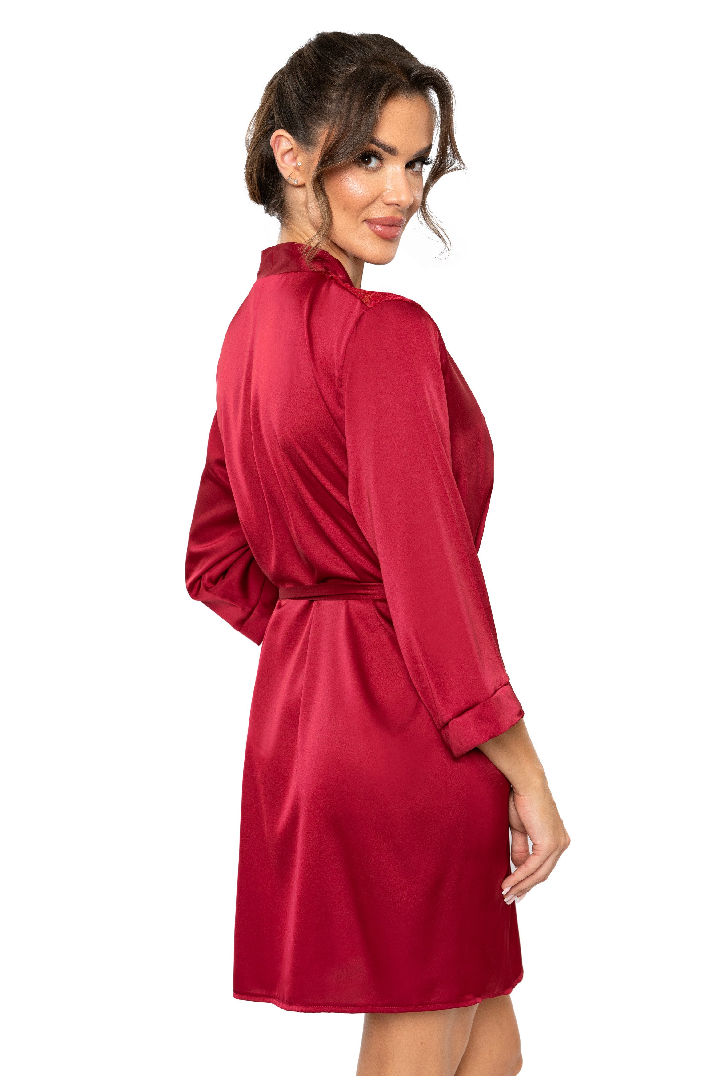 Donna Morgenmantel Kimono aus edlem Seidensatin-Stretch, Seiden-Satin, Kimono-Kragen, Gürtel, Kurzform, Kimono-Kragen, Bindegürtel, mit Spitzeneinsätzen – Bild 4 von 4
