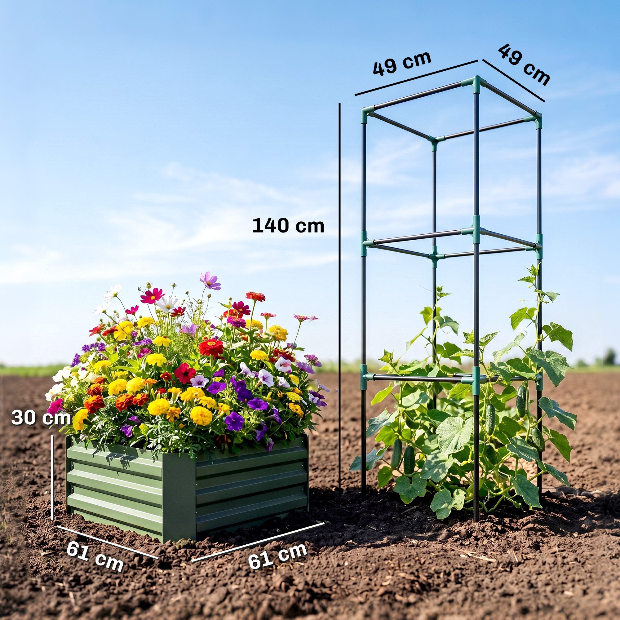 Outsunny Hochbeet Blumenkasten höhenverstellbar mit Rankhilfe, Pflanzkasten (Gemüsebeet, 1 St., Kräuterbeet), für Garten, Balkon, Verzinkter Stahl, Grün, 61 x 6 – Bild 3 von 5
