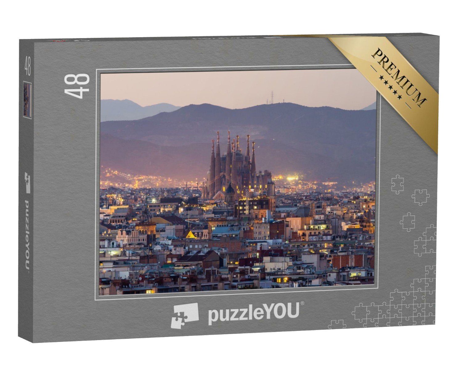 puzzleYOU Puzzle Sagrada familia und Skyline von Barcelona am Abend, 48 Puzzleteile, puzzleYOU-Kollektionen Christentum