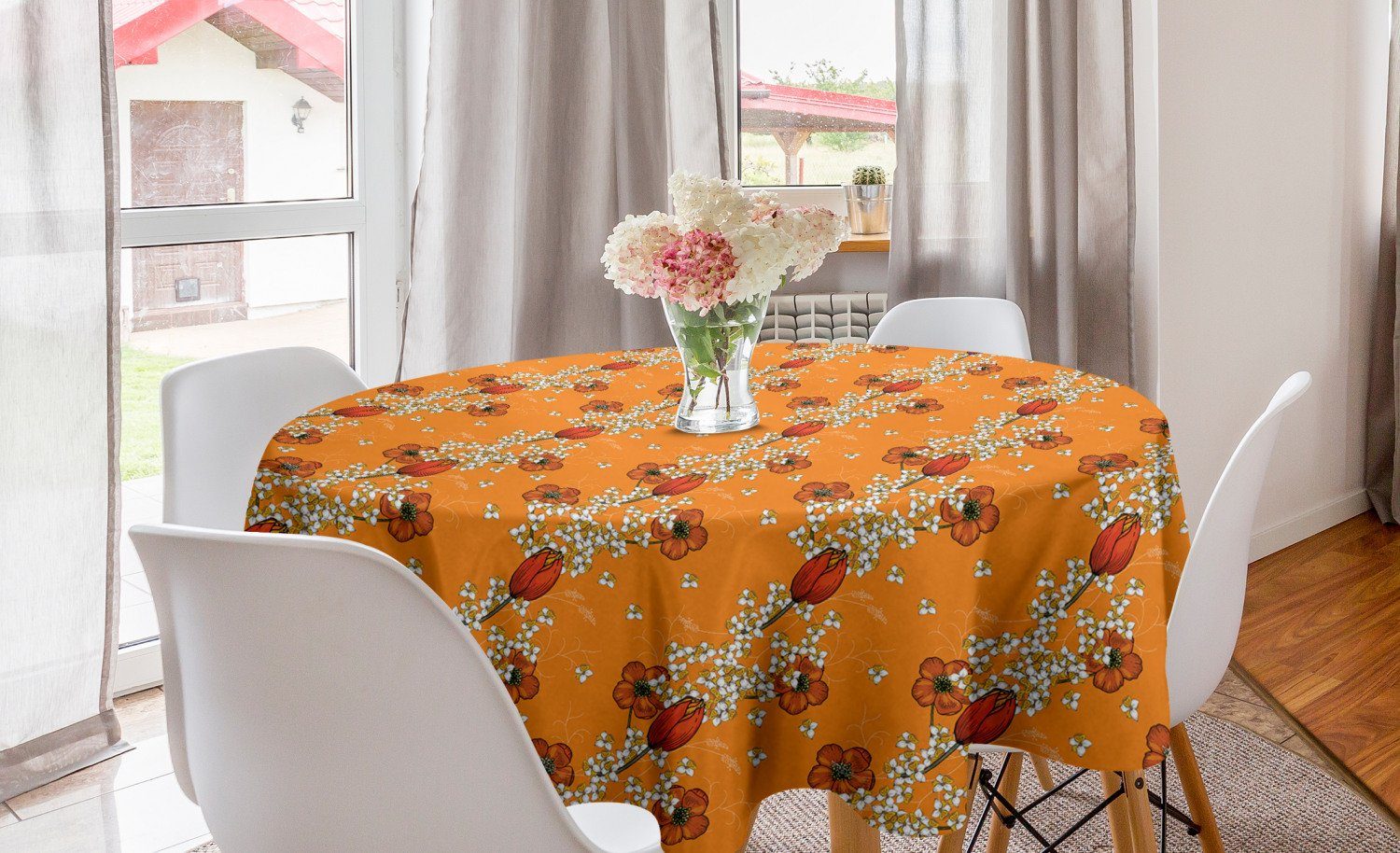 Abakuhaus Tischdecke Kreis Tischdecke Abdeckung für Esszimmer Küche Dekoration, Floral Blüten in Tangerine-Töne