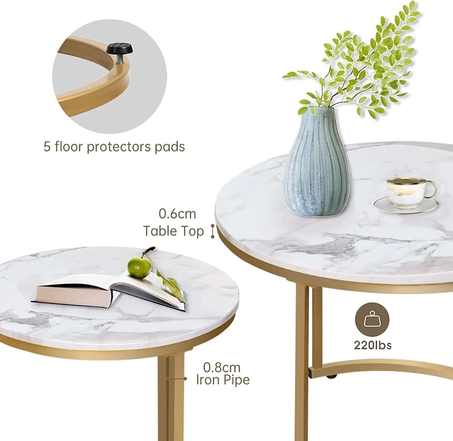 HEYZOEY Couchtisch Couchtisch Rund 2er Set, Wohnzimmertisch Gold Metall, Marmor Weiß (2er Set)