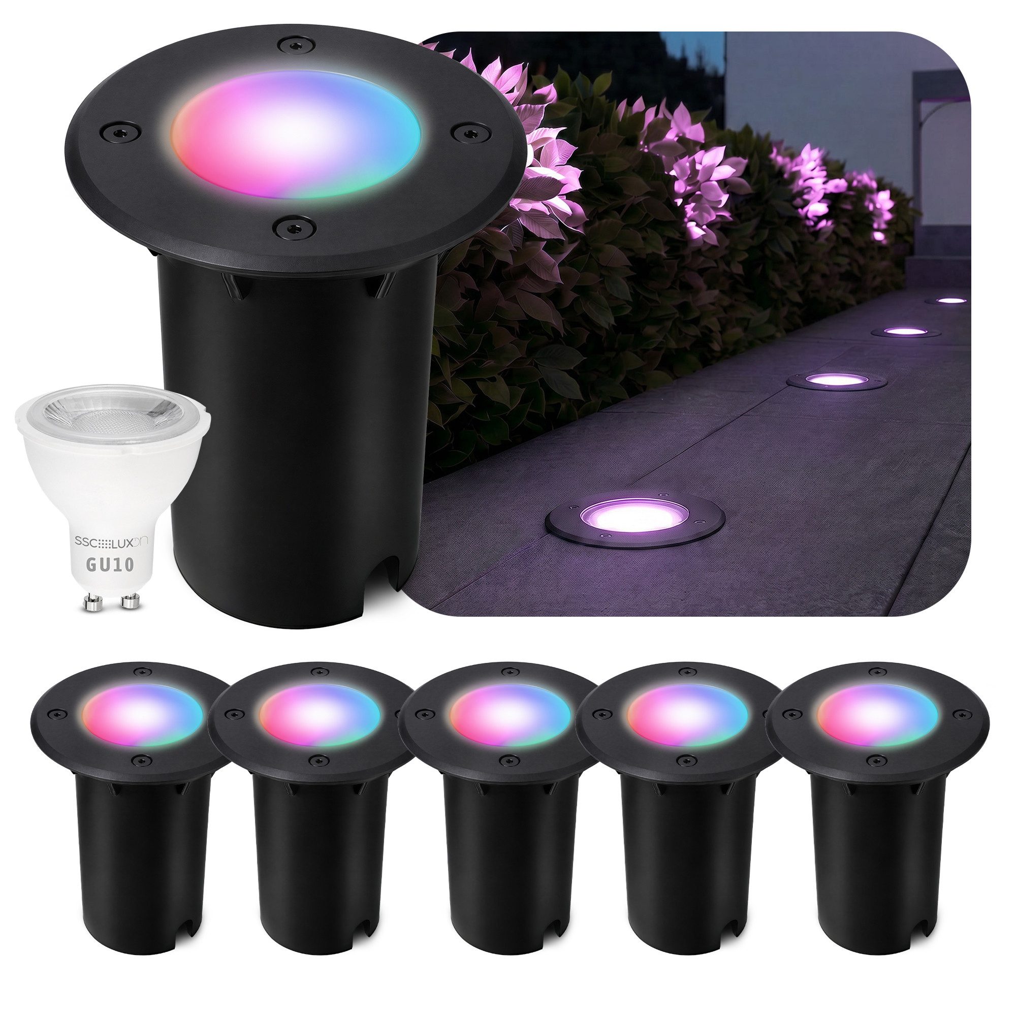SSC-LUXon LED Gartenstrahler SSC-LUXon Bodenleuchte KALPA rund schwarz IP67 Smart LED RGB+W dimmbar, Smart