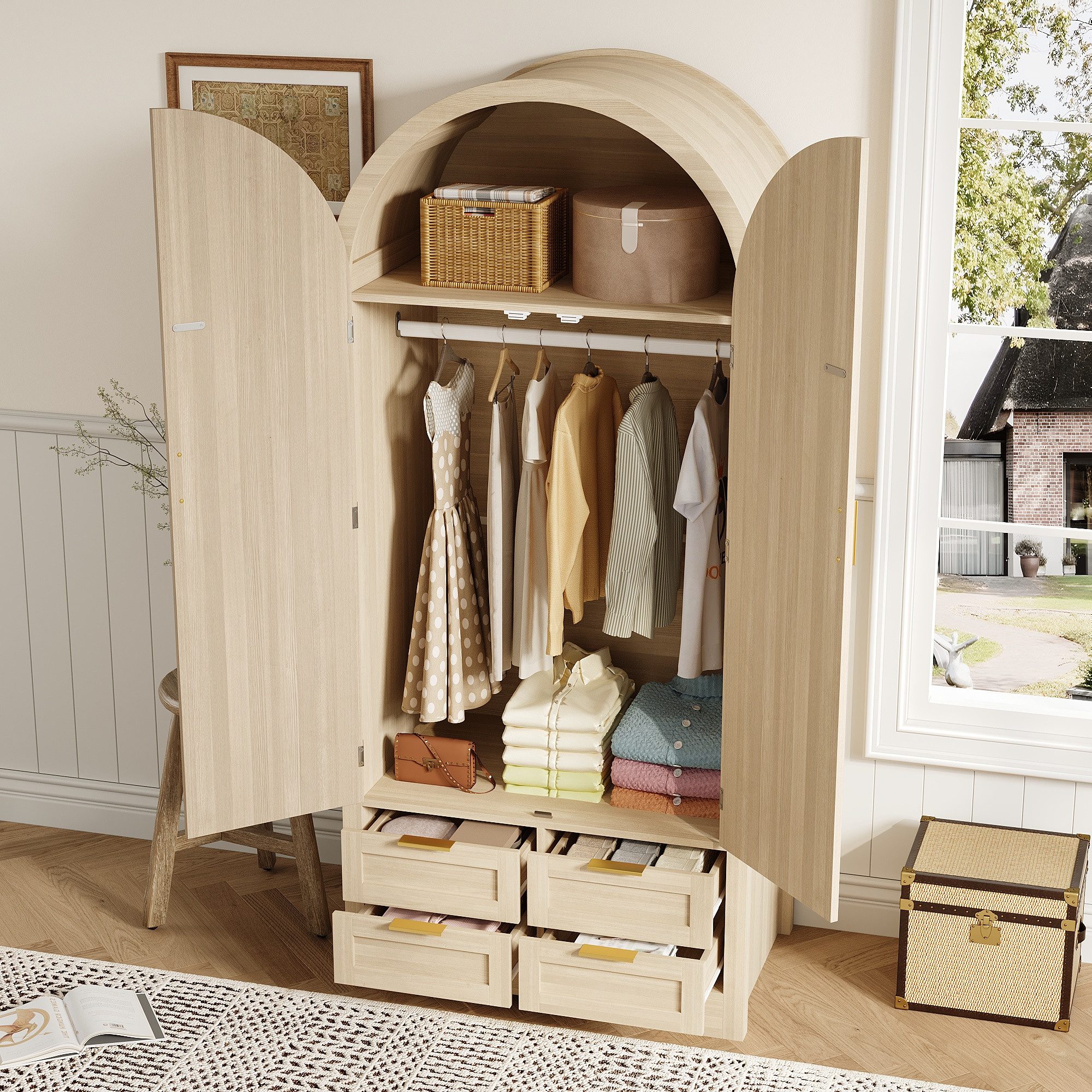 REDOM Kleiderschrank 80x179x50 cm, mit Kleiderstange, Schubladen & großzügigem Stauraum (Packung, 1-St., Kleiderschrank in Eiche mit natürlichen Rattan-Türen) Luxuriös für das Schlafzimmer oder repräsentative Eingangsbereiche