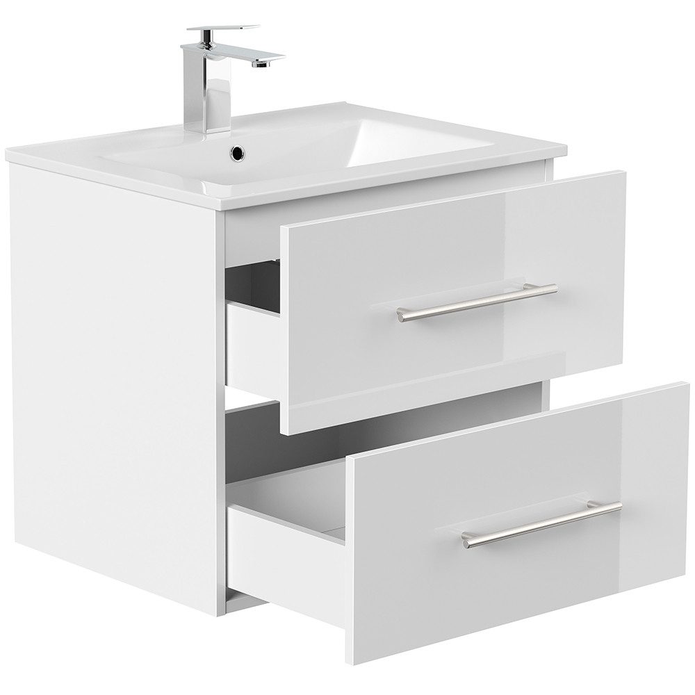 Lomadox Badmöbel-Set HARLINGEN-02, (Spar-Set, 2-St., Waschtisch Spiegelschrank), 60cm breit, Keramikwaschbecken, weiß Hochglanz