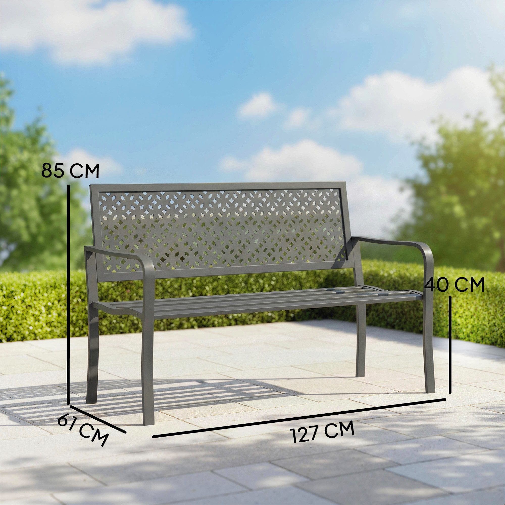 Outsunny Gartenbank mit rostbeständiger Rückenlehne (Geometrische Balkonbank, 1-St., Outdoor Sitzbank), für Garten, Park, Balkon 127 x 61 x 85 cm Dunkelgrau