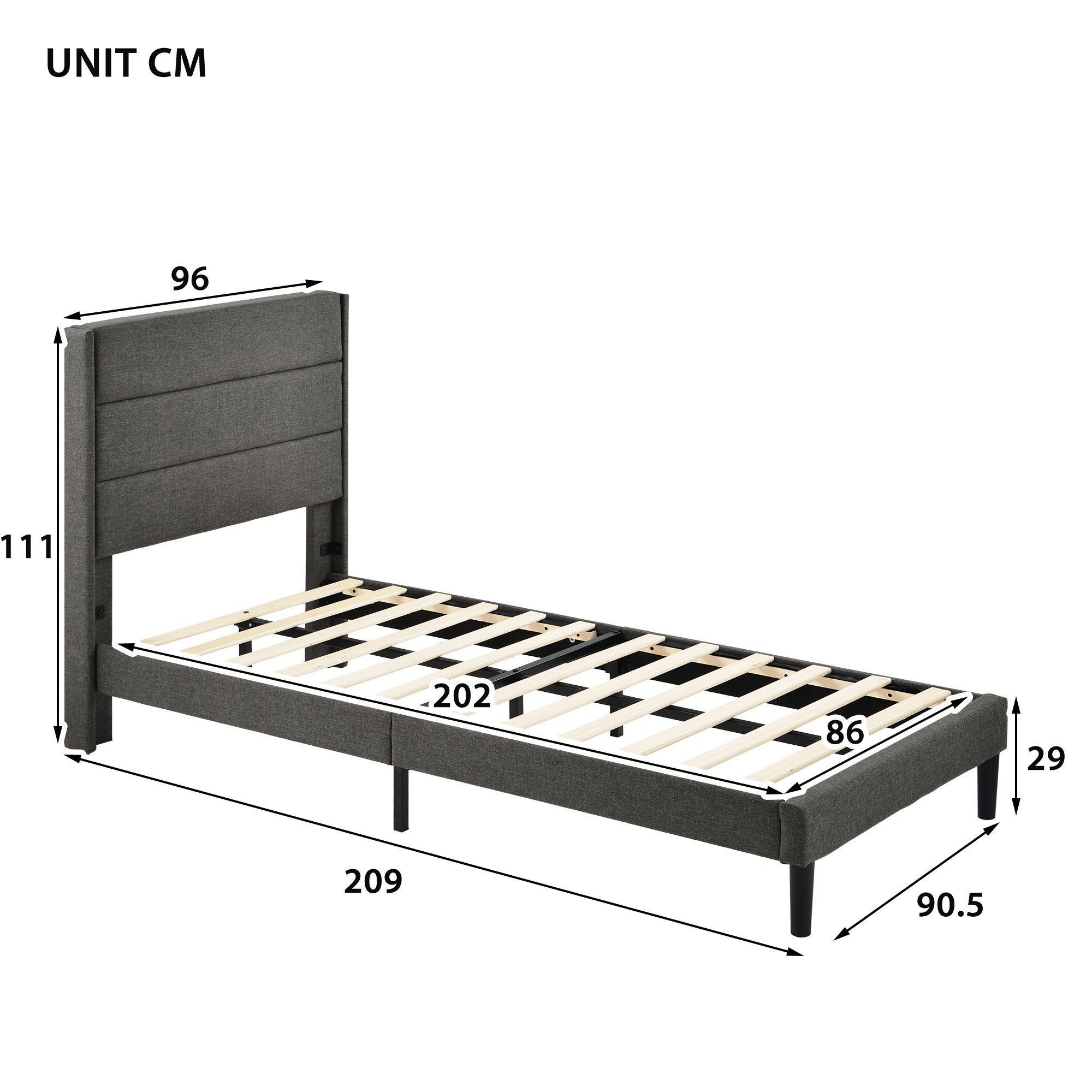 Polsterbett, 90 x 200 cm Einzelbett Jugendbett mit Lattenrost & Kopfteil, Leinen