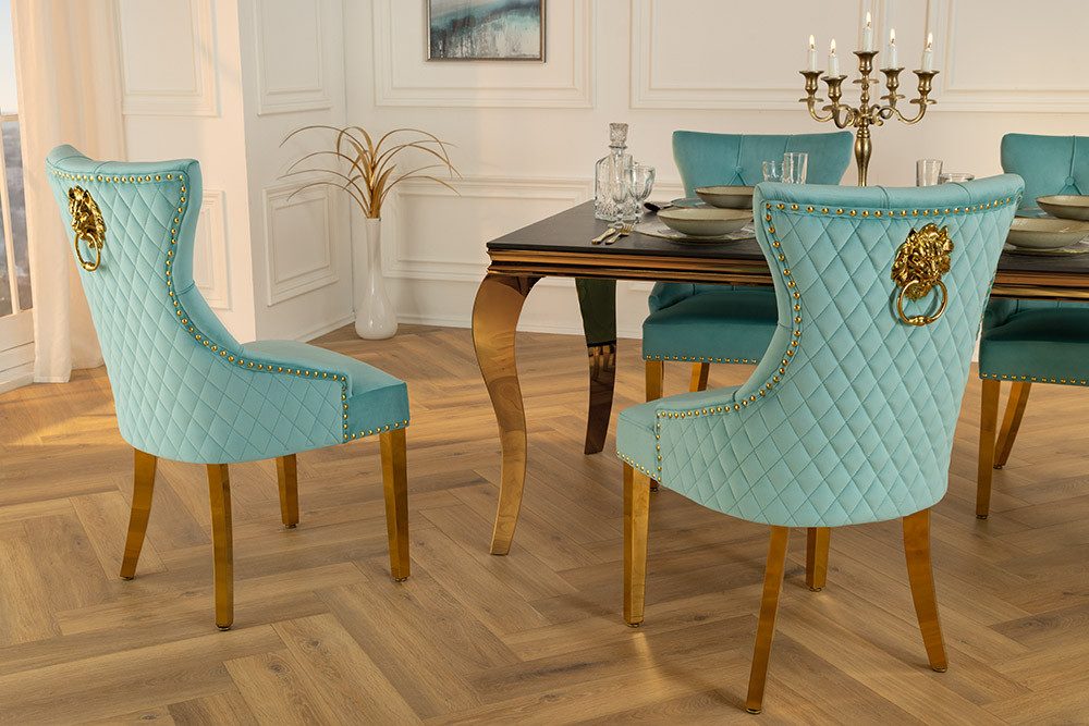 riess-ambiente Esszimmerstuhl CASTLE DELUXE blau/gold - Samt, Edelstahl, Löwenkopf-Griff (Einzelartikel, 1 St), glamouröser Stuhl mit Nieten - ideal für Deinen Barock-Look