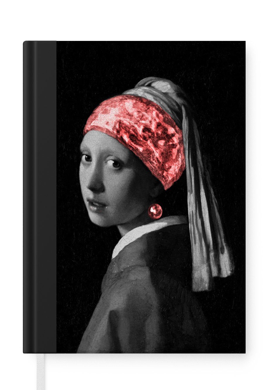 MuchoWow Notizbuch Das Mädchen mit dem Perlenohrring - Johannes Vermeer - Rot, Journal, Merkzettel, Tagebuch, Notizheft, A5, 98 Seiten, Haushaltsbuch