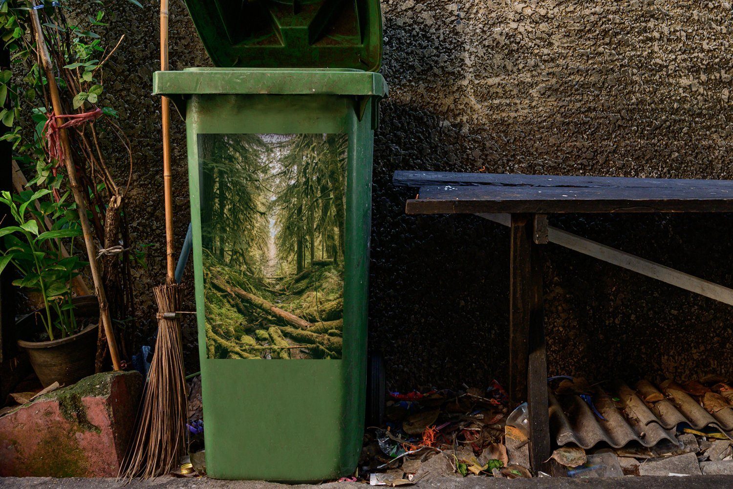 MuchoWow Wandsticker Wald - Bäume Abfalbehälter Sticker, Mülleimer-aufkleber, (1 - Container, St), Mülltonne, Grün