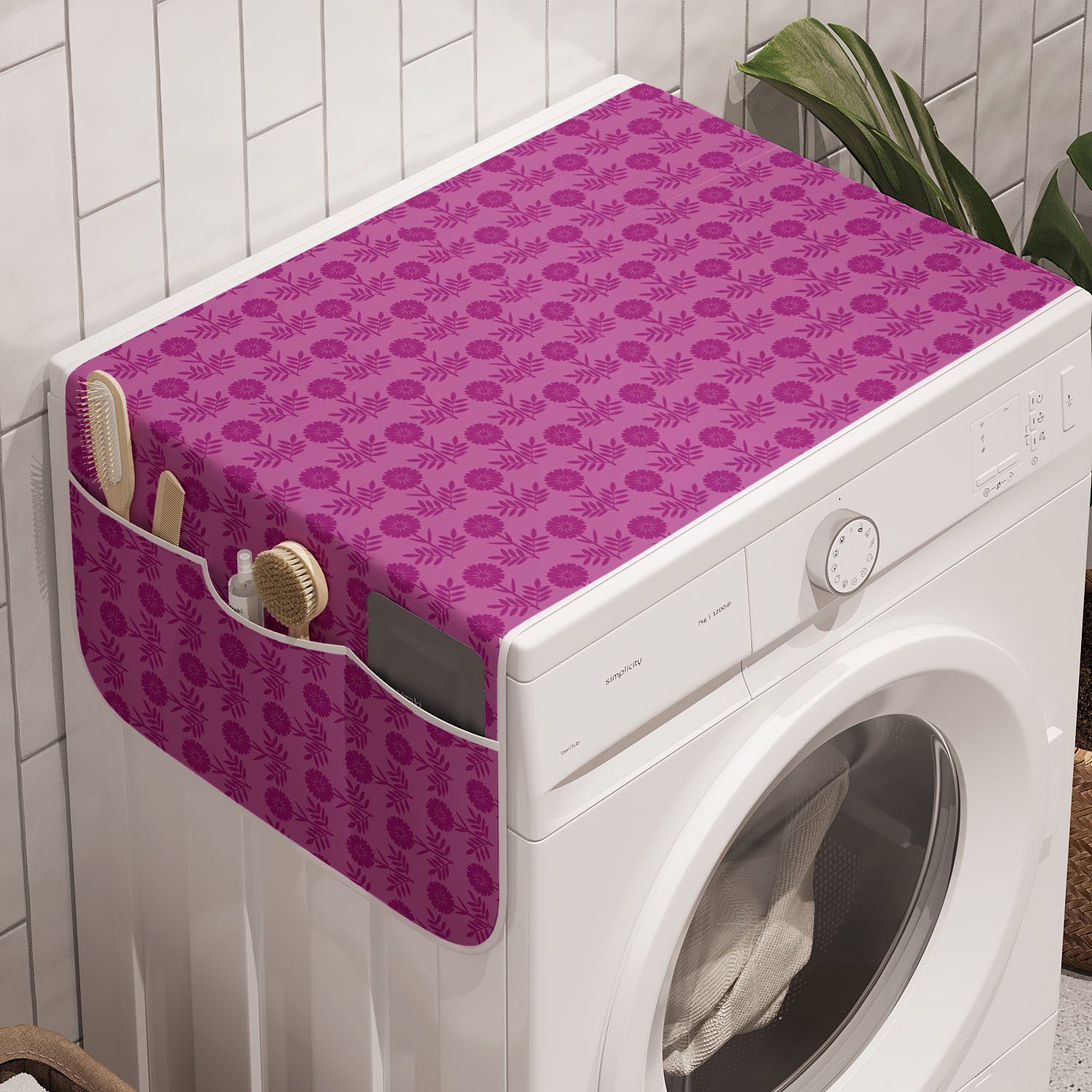 Waschmaschine Grafische Blumenzeichnung Badorganizer und Trockner, Anti-Rutsch-Stoffabdeckung für Abakuhaus Lila