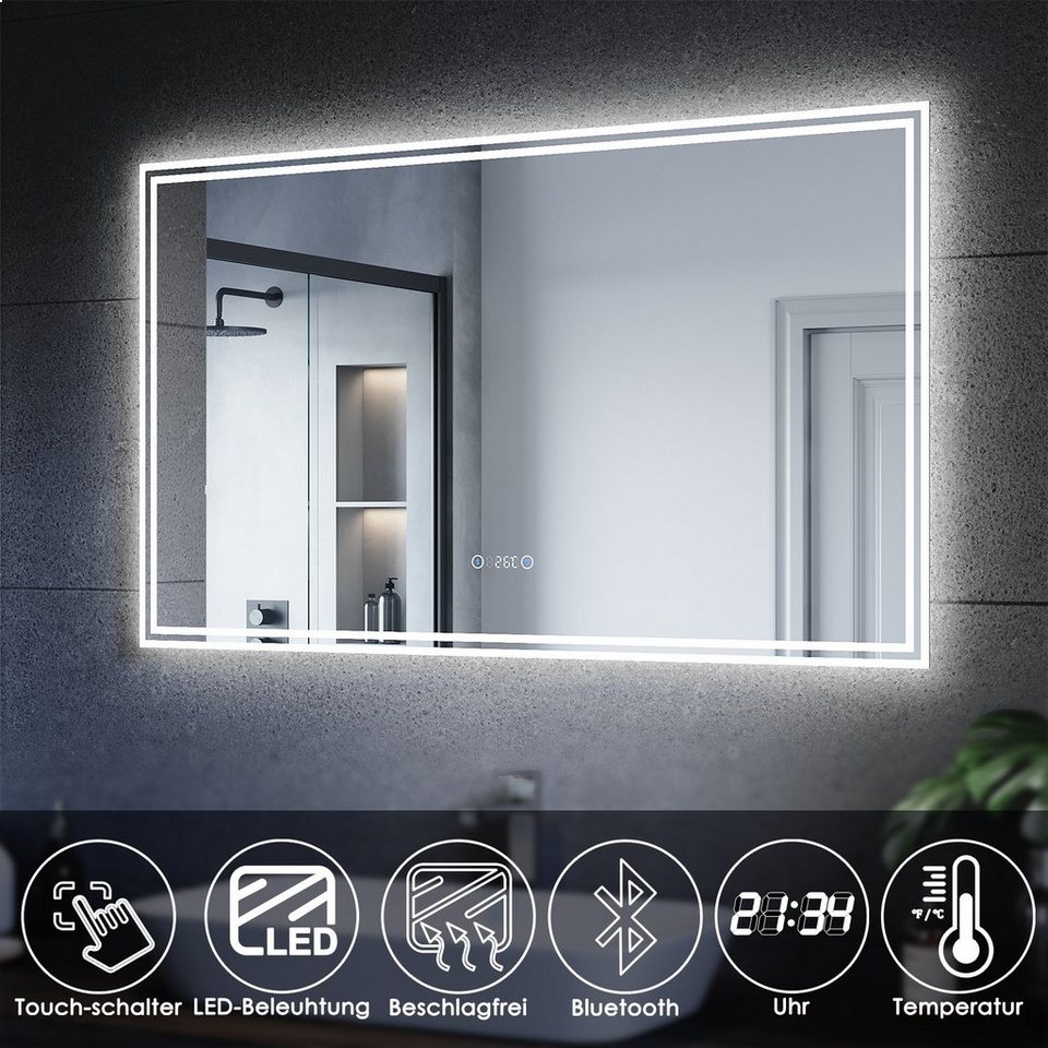 sonni badspiegel 120 x 70 / 80 x 60, mit beleuchtung,  bluetooth-lautsprecher, anti-beschlag-funktion wandspiegel, lichtspiegel ip  44
