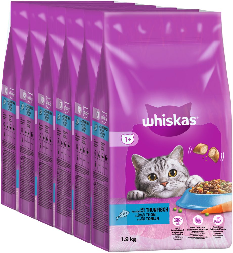 Whiskas WHISKAS® Beutel Trocken Adult 1+ mit Thunfisch 6 x 1,9kg, Trockenfutter für: Katze