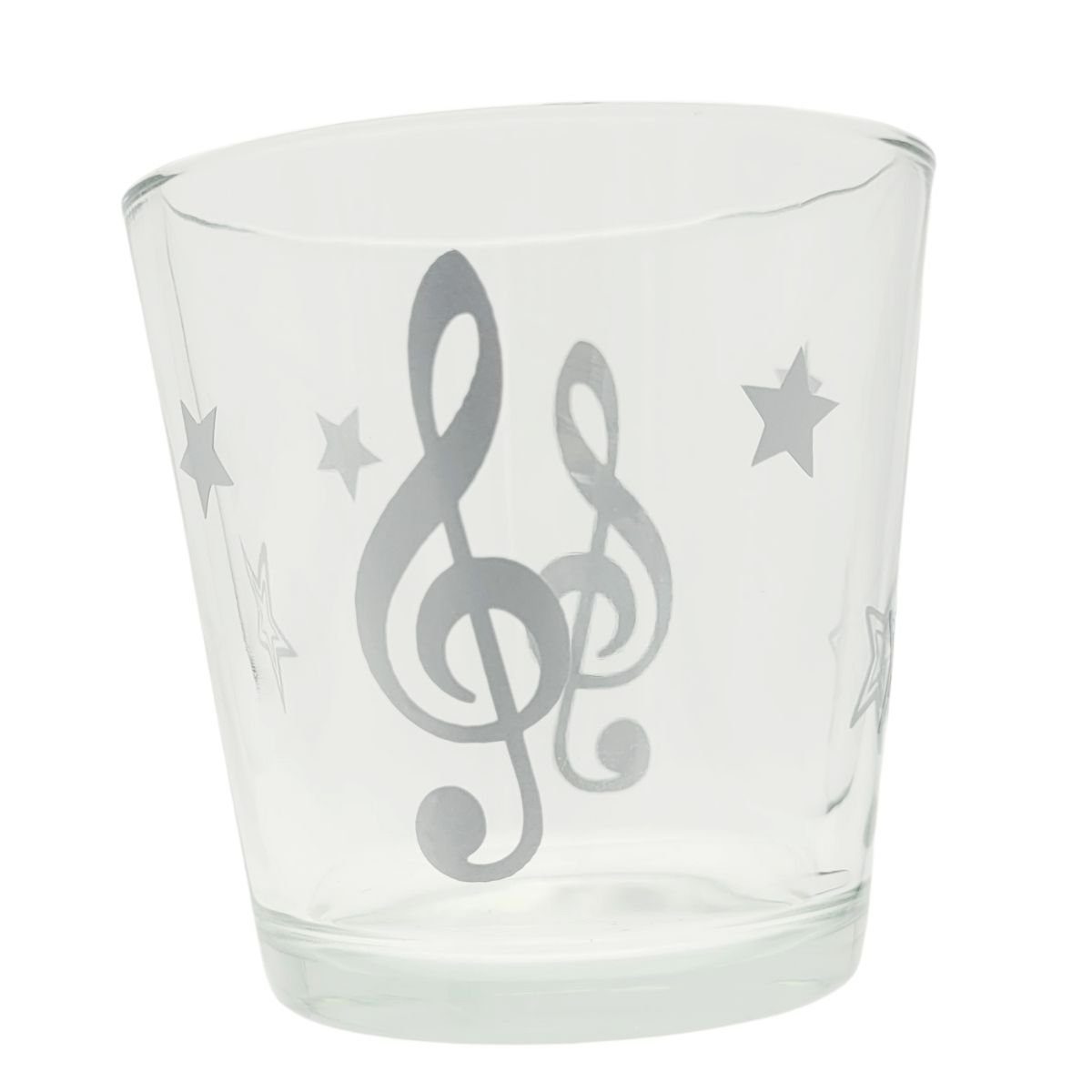 Musikboutique Teelichthalter, aus Glas mit Violinschlüssel und Sternen in silber