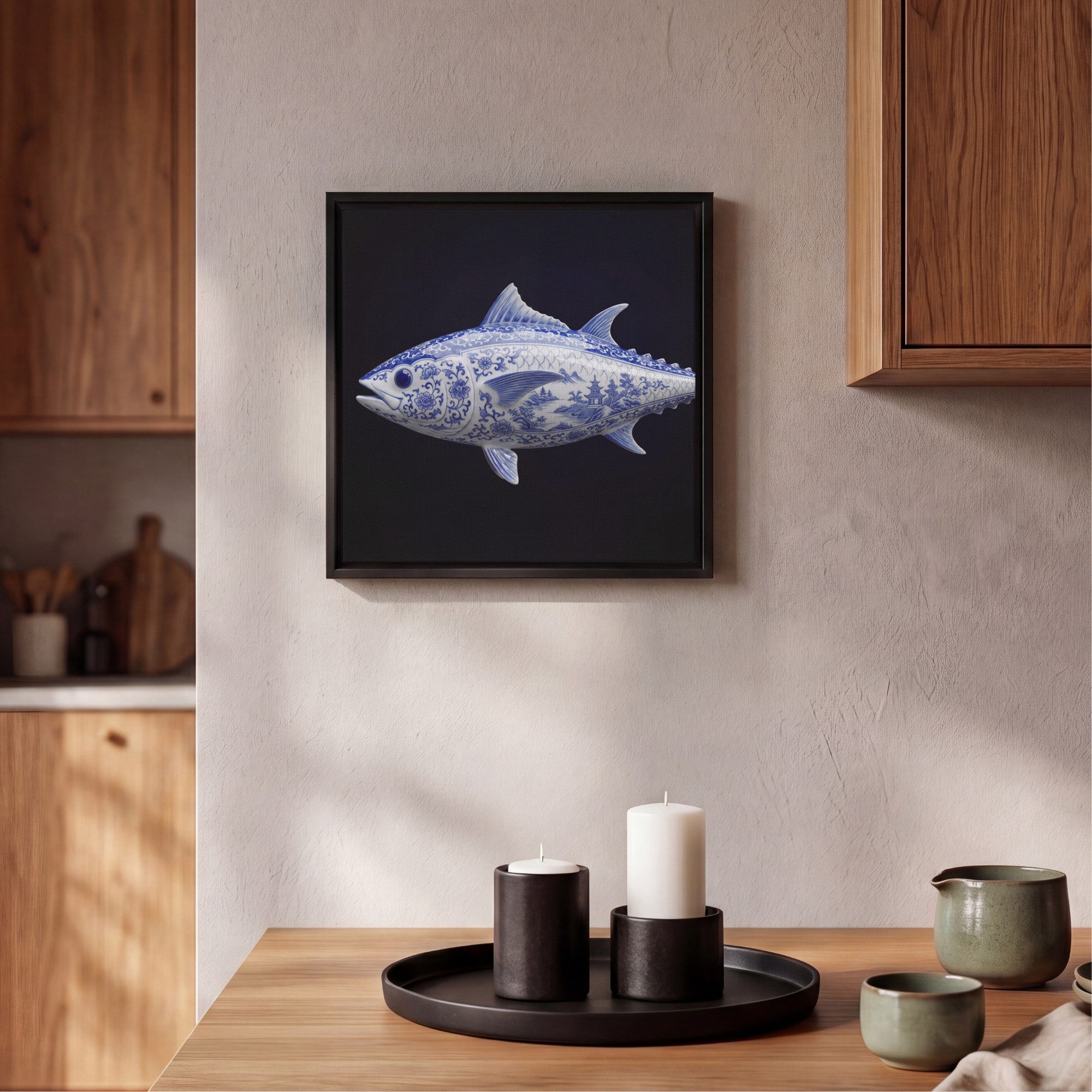 OneMillionCanvasses® Leinwandbild mit Rahmen - Porzellan - Thunfisch - Delfter Keramik, Fotodruck (1 St), Leinwand Bilder Klein, Wand Dekoration Aesthetic 20x20cm