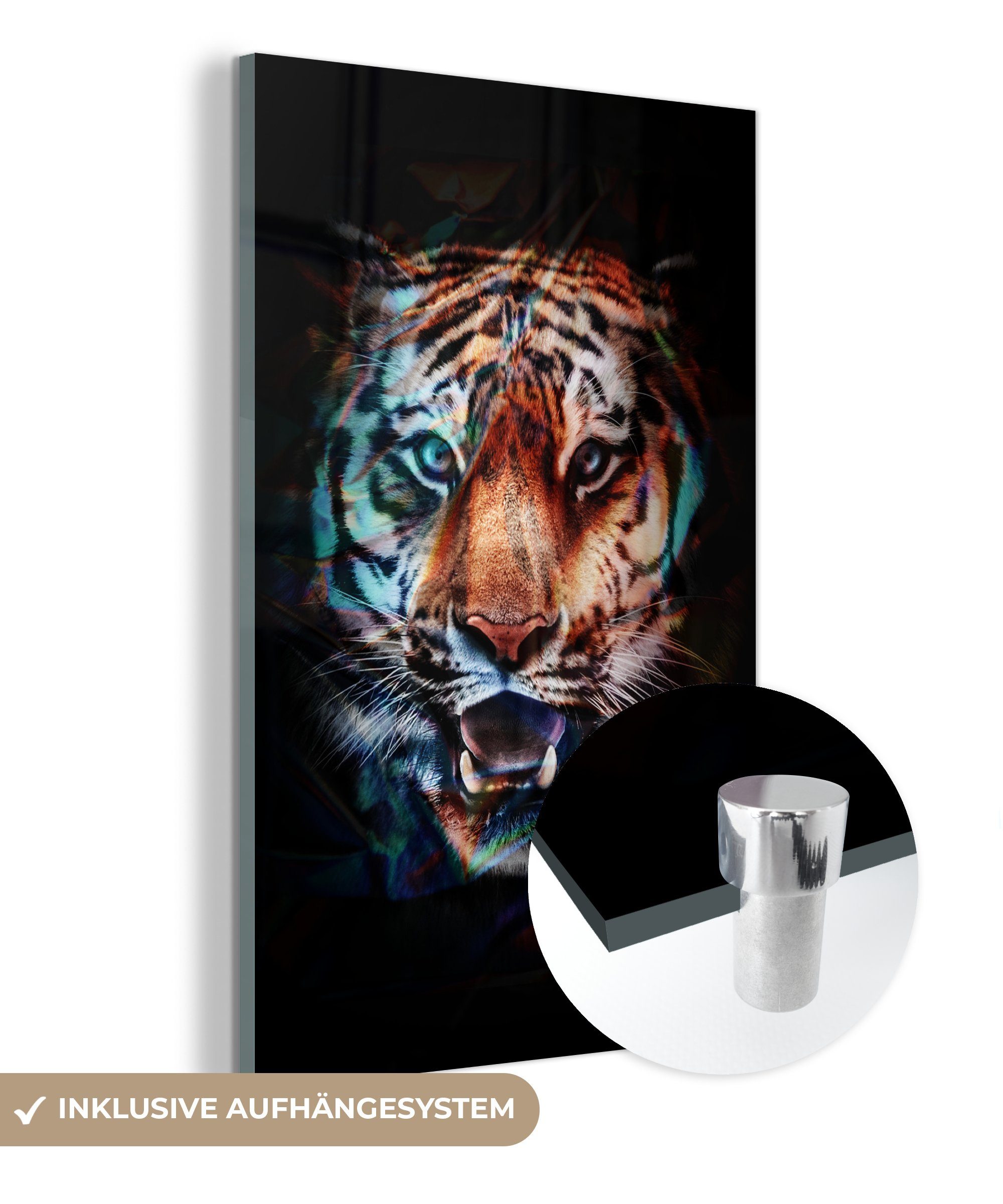 MuchoWow Acrylglasbild Tiger - Farben - Schwarz, (1 St), Glasbilder - Bilder auf Glas Wandbild - Foto auf Glas - Wanddekoration bunt