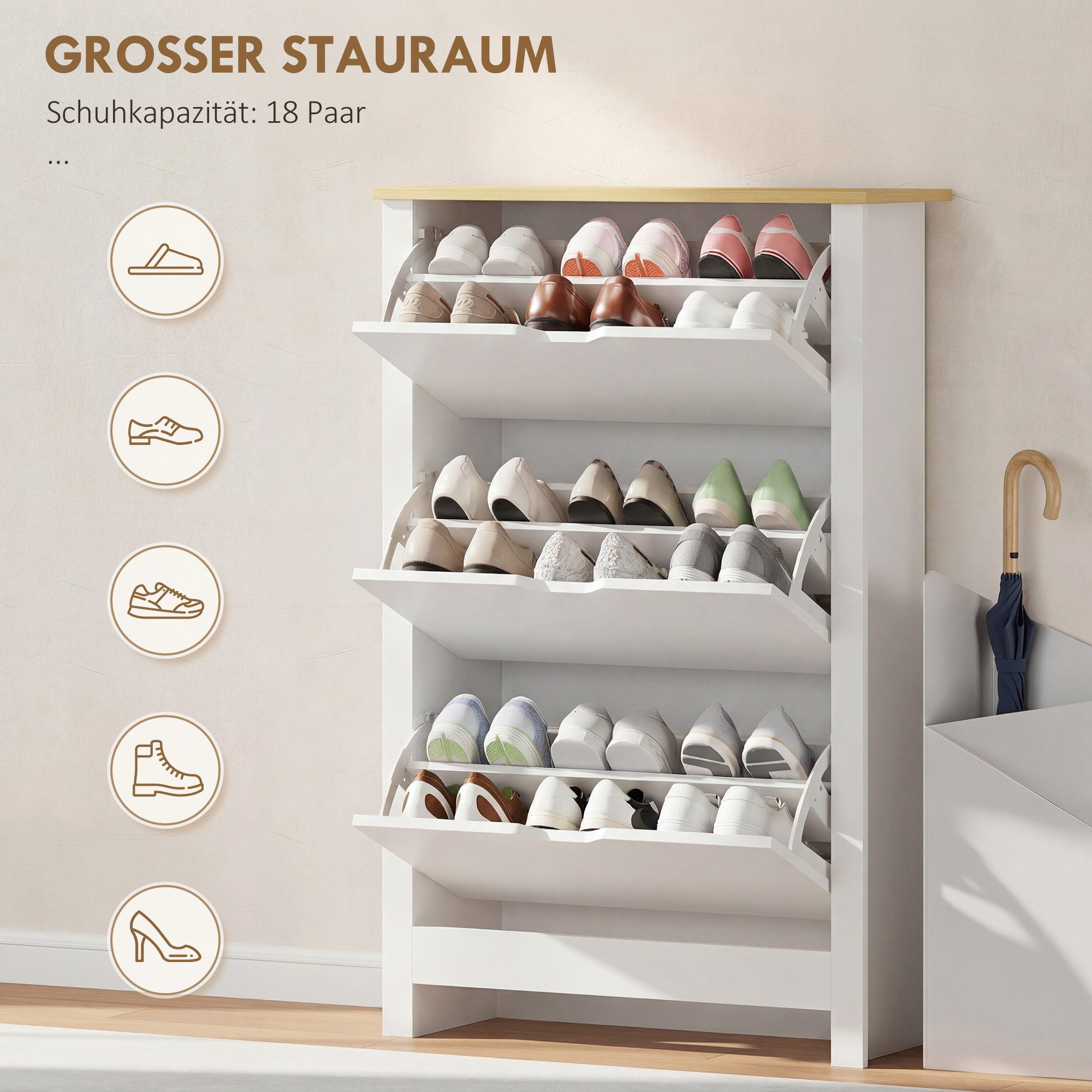 HOMCOM Schuhkipper Schuhschrank mit 3 Klappen, Schuhregal, schmal, für 18 Paar Schuhe (Schuhständer, 1 St., Schuhkipper), für Flur, Eingangsbereich Weiß+Natur 7 – Bild 4 von 5
