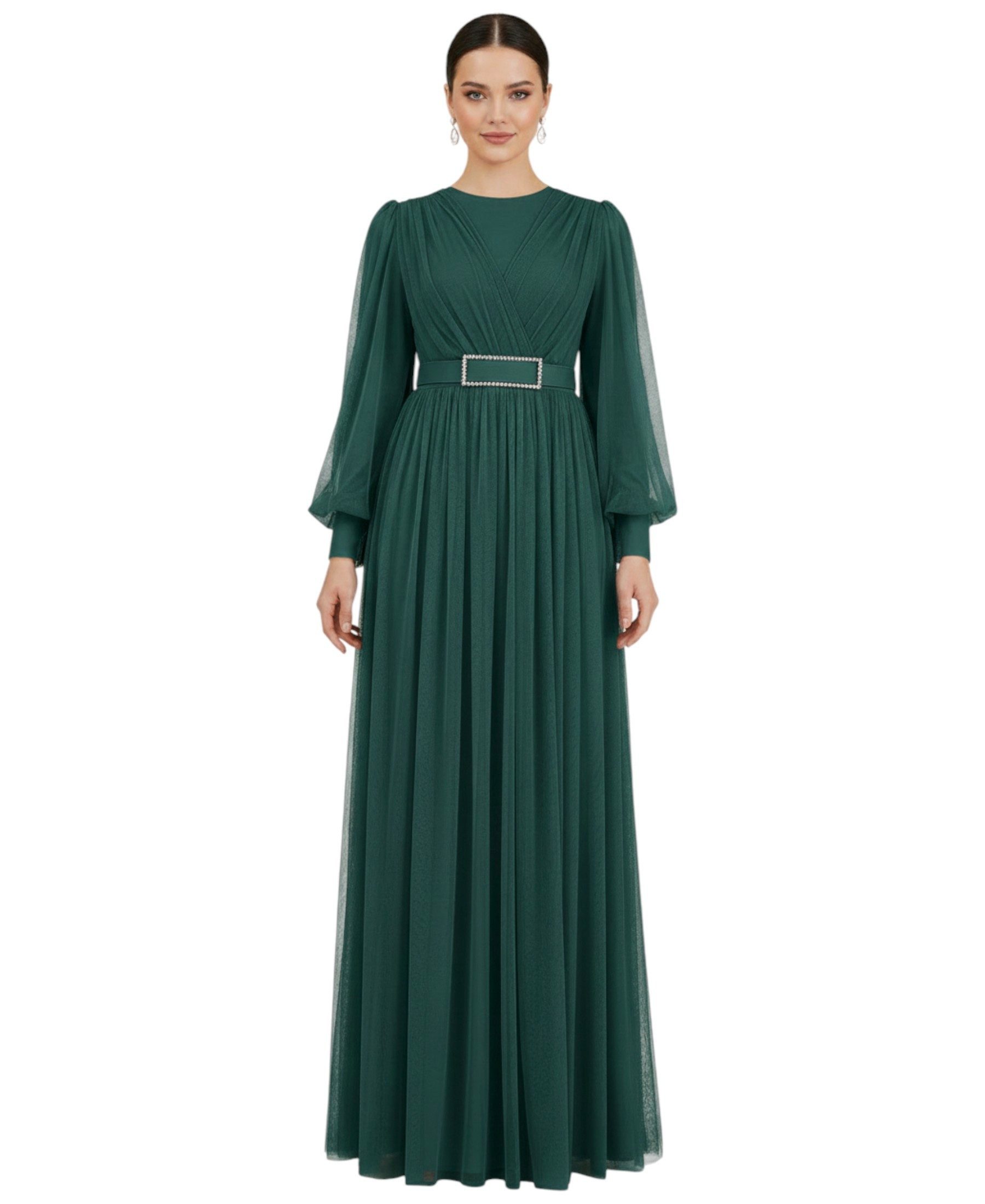 fashionshowcase Abendkleid Damen Maxikleid langarm Tüllkleid elegant mit Gürtel Modest Fashion Fließender Plissee-Rock mit taillierendem Gürtel
