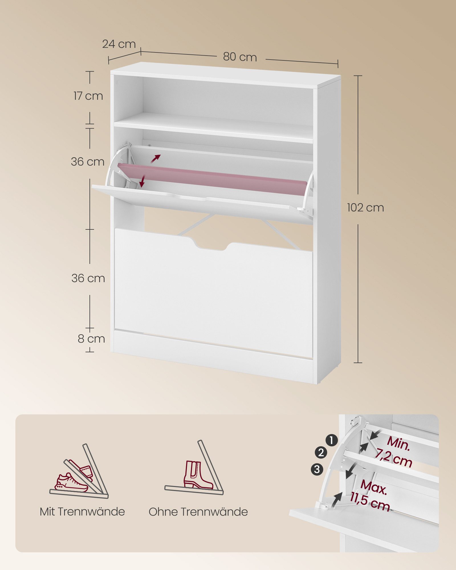 VASAGLE Schuhschrank Schuhregal Mit 2 oder 3 Klappen und zusätzlichen Fächern, Höhe 102/139 cm