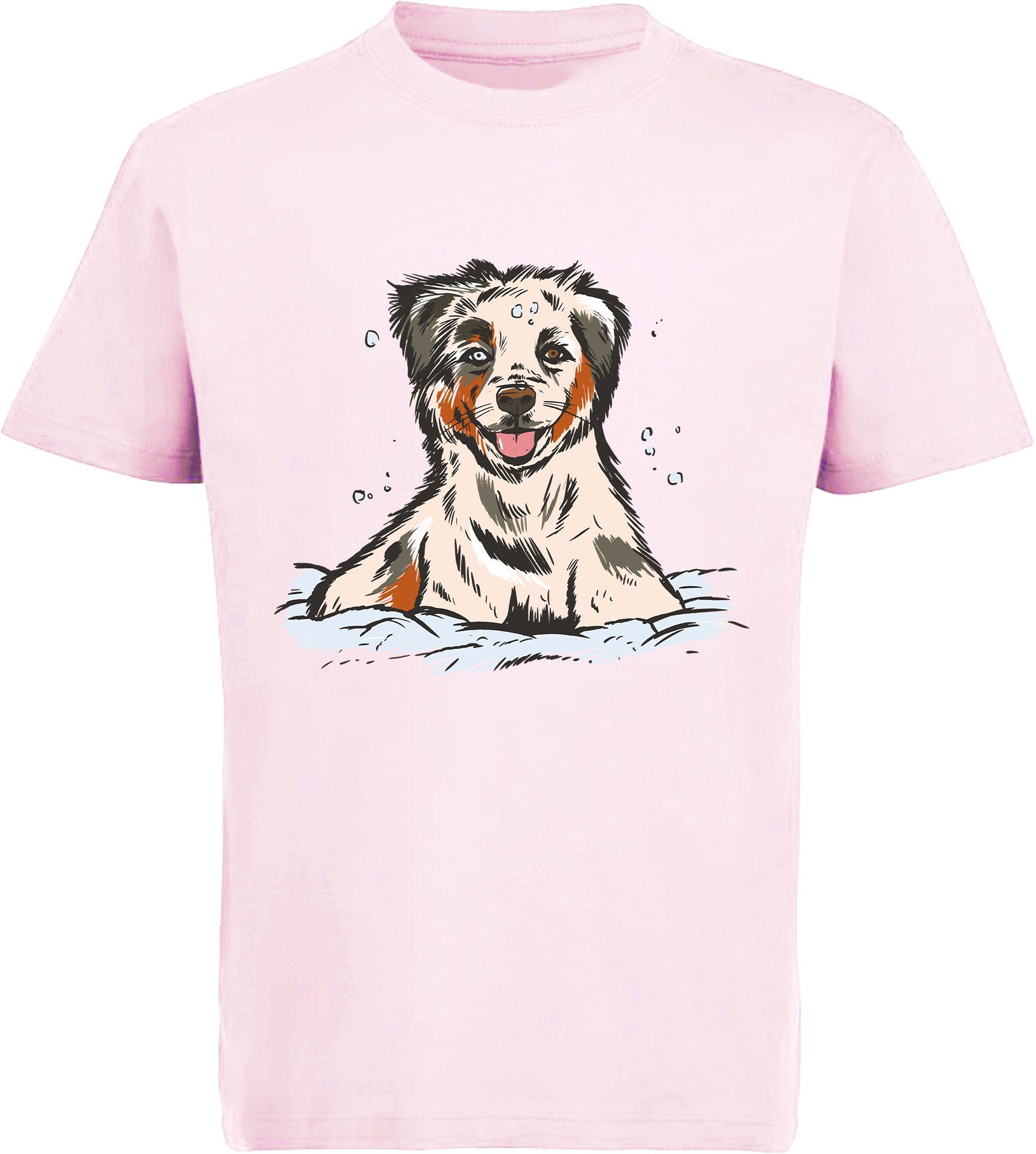 MyDesign24 Print-Shirt bedrucktes Kinder und Jugend Hunde T-Shirt Australian Shepherd Welpe Baumwollshirt mit Aufdruck, i216 rosa