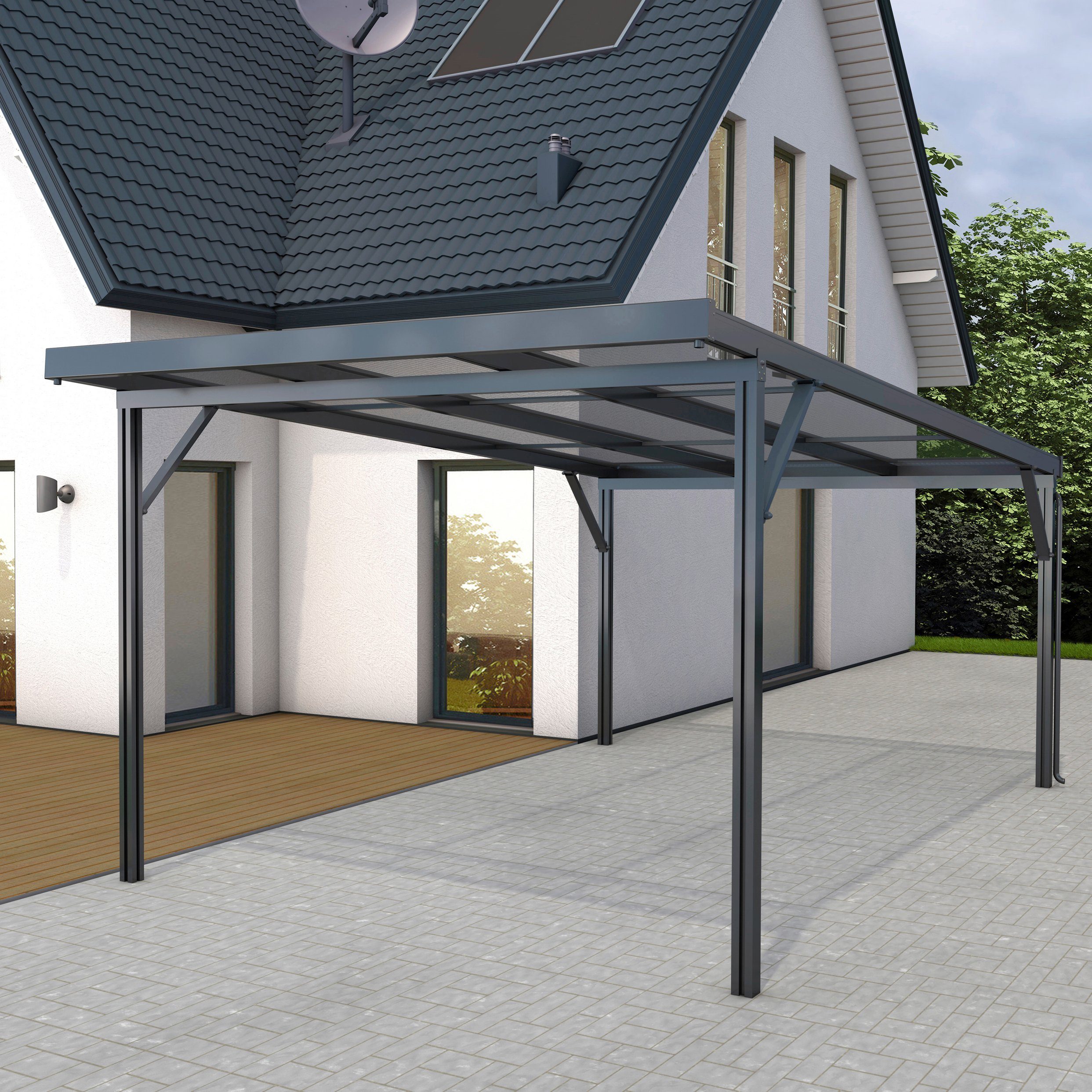 GUTTA Einzelcarport Premium, BxT: 309,4x562 cm, 200 cm Einfahrtshöhe, Dacheindeckung Polycarbonat Klima blue anthrazit | Carports