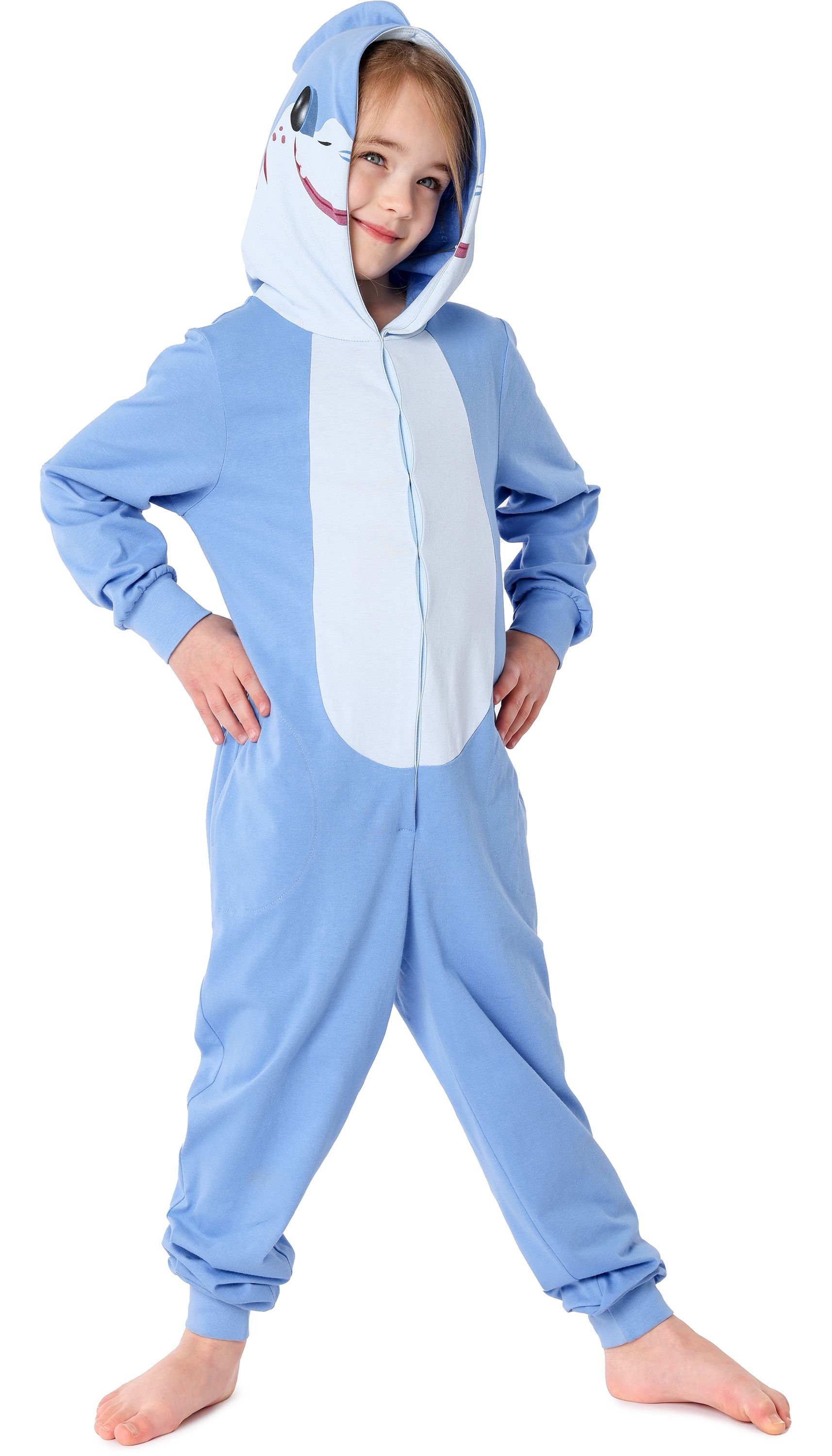 Ladeheid Schlafanzug Kinder Schlafoverall aus Baumwolle Tiermotiv Verkleidung LA40-232 ohne Blau Hai | Pyjamas