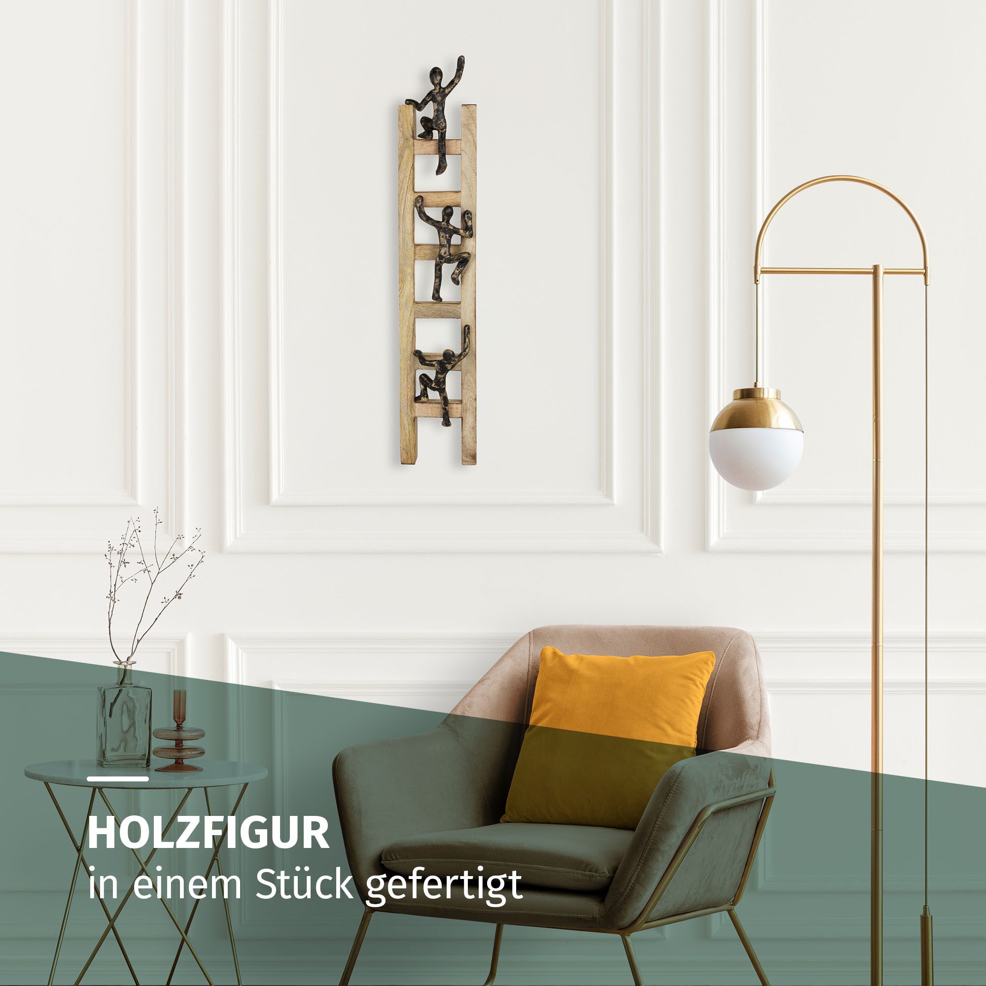 Moritz Skulptur Wandfigur Ambition Schwarz-Gold 57,5 cm aus Mangoholz Aluminium