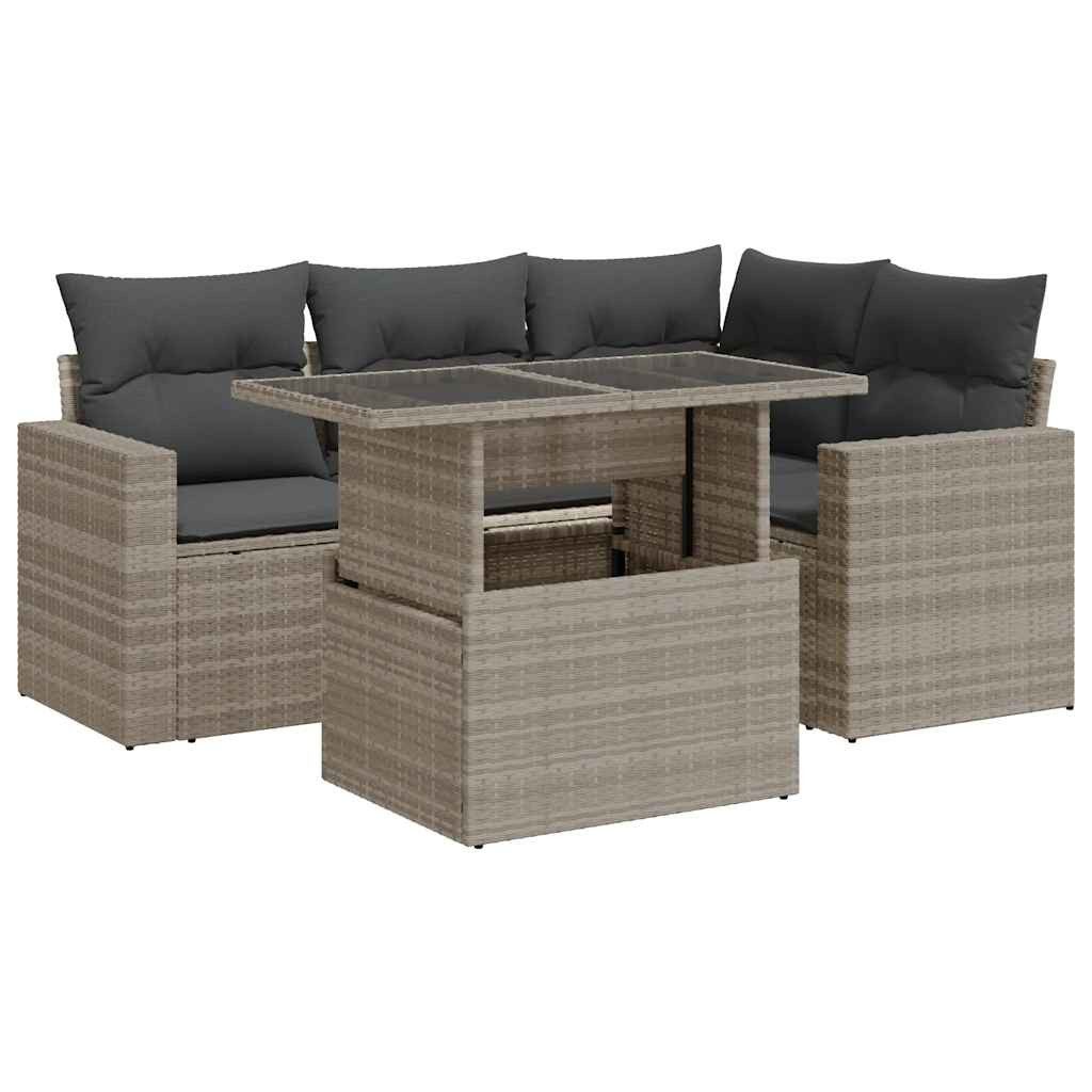 vidaXL Gartenlounge-Set, 5-tlg. Garten-Sofagarnitur mit Kissen Hellgrau Poly Rattan