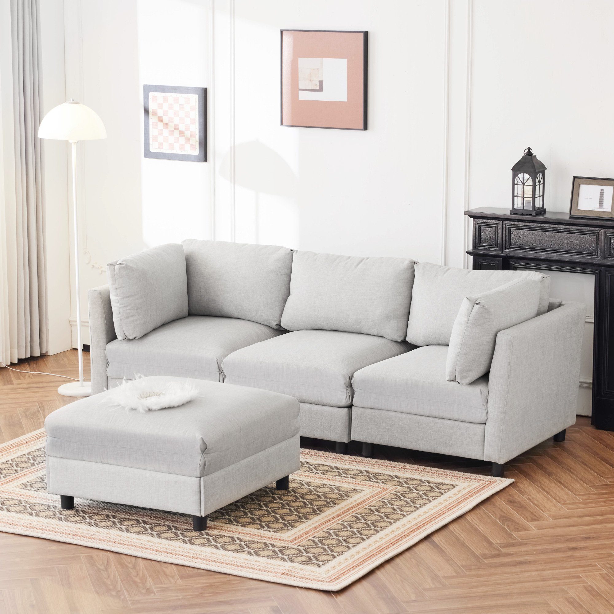 Ecksofa Fußstütze OKWISH mit Sofa mit Chaiselongue, beige Wohnlandschaft, Sofa 3-Sitzer-Sofa, Schlafsofa Wohnzimmersofa,