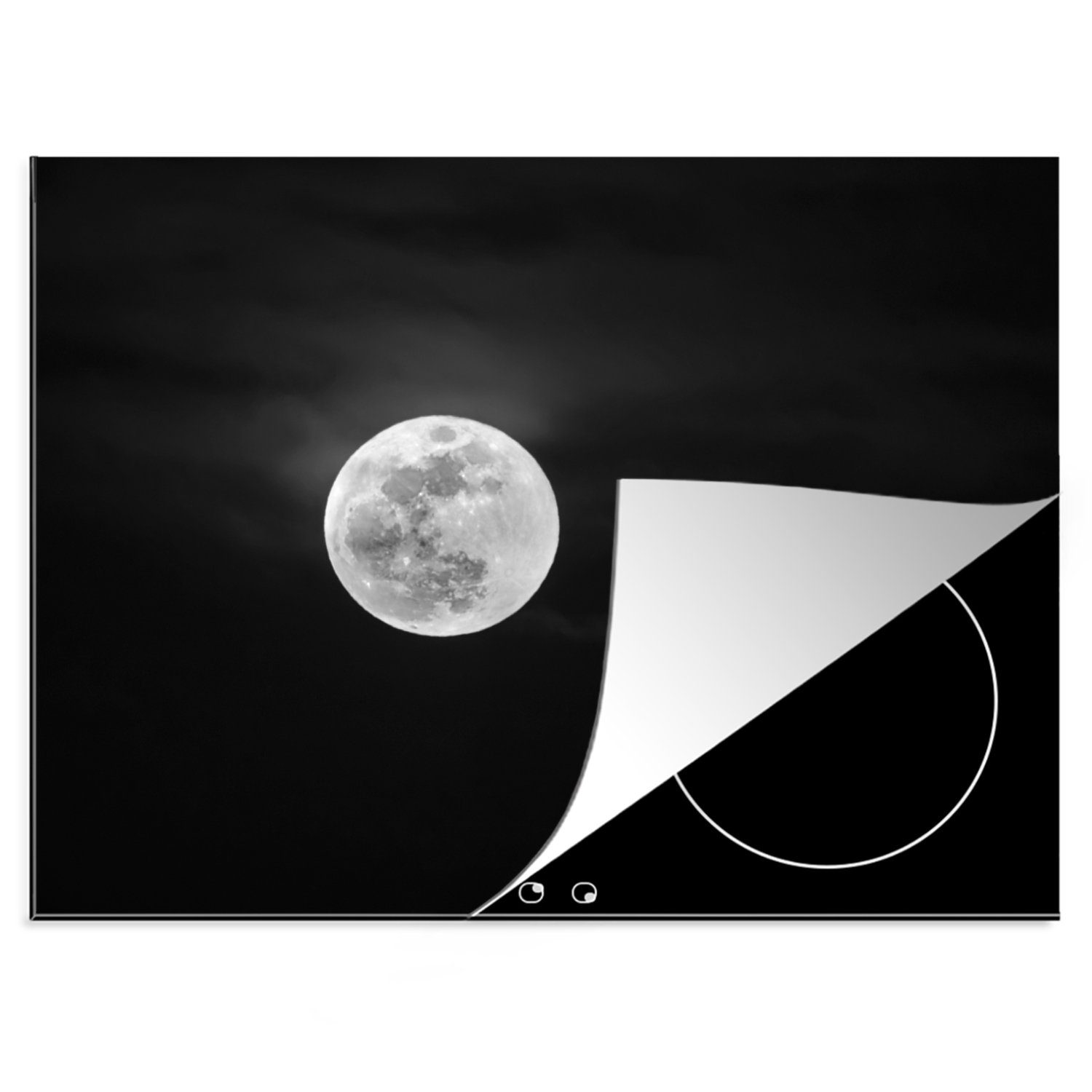 MuchoWow Herdblende-/Abdeckplatte Vollmond am Nachthimmel - schwarz und weiß, Vinyl, (1 tlg), 70x52 cm, Mobile Arbeitsfläche nutzbar, Ceranfeldabdeckung