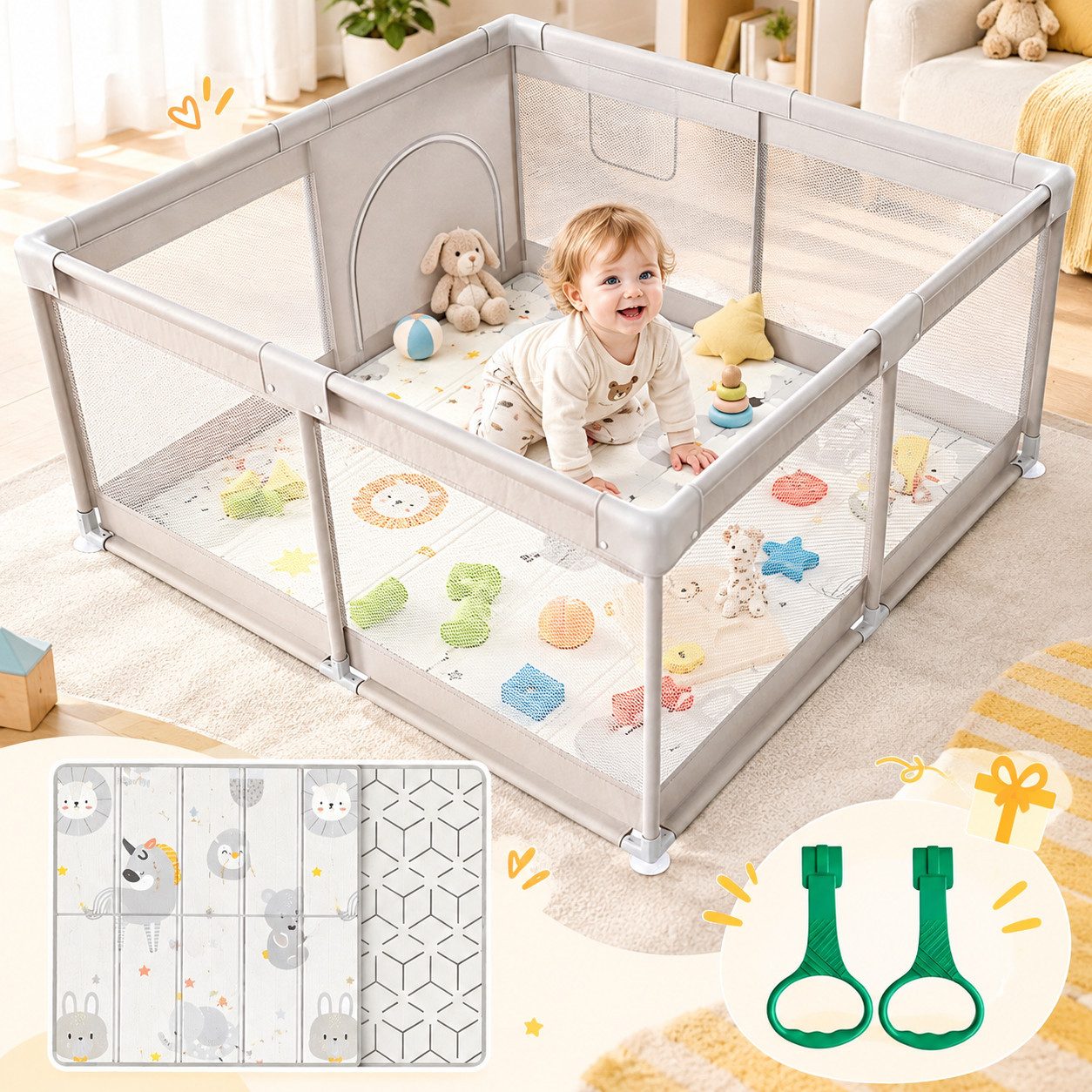 MC Star Laufstall Baby 120 x 120 cm (ideal für den Innenbereich, Großer Baby Laufgitter), Sicherheit Spielplatz Kinder mit Netzdesign