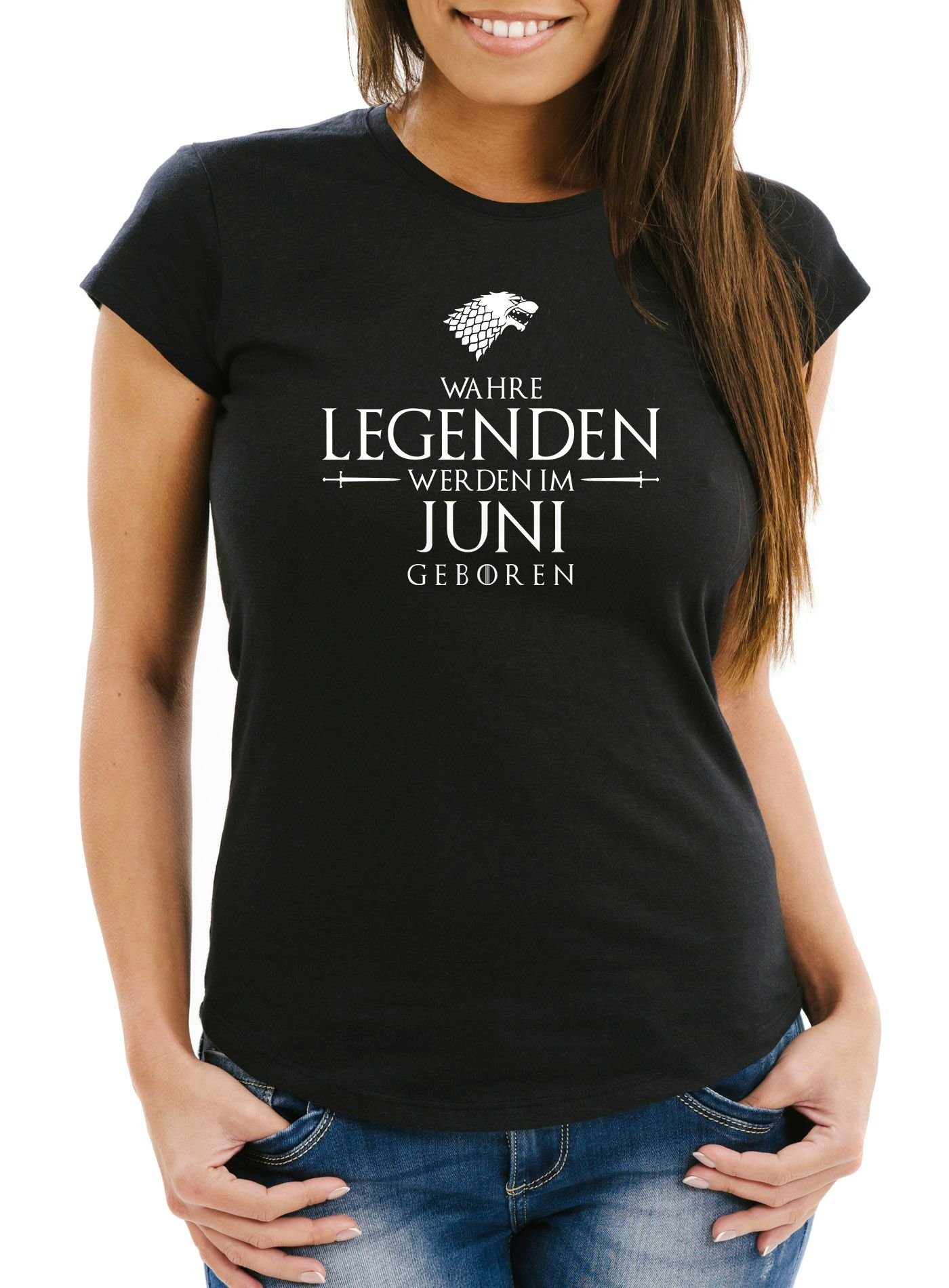 Damen Wahre im T-Shirt werden Print mit Moonworks® Object] geboren Legenden Print-Shirt schwarz Slim Juni [object Fit MoonWorks