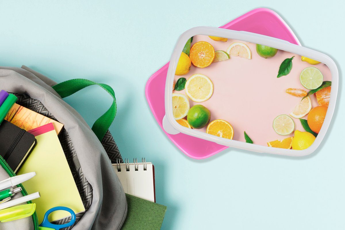 Lunchbox - Pastell, Erwachsene, Mädchen, Kinder, Obst Kunststoff, für Brotbox - Kunststoff Snackbox, MuchoWow Zitrusfrüchte rosa (2-tlg), Brotdose