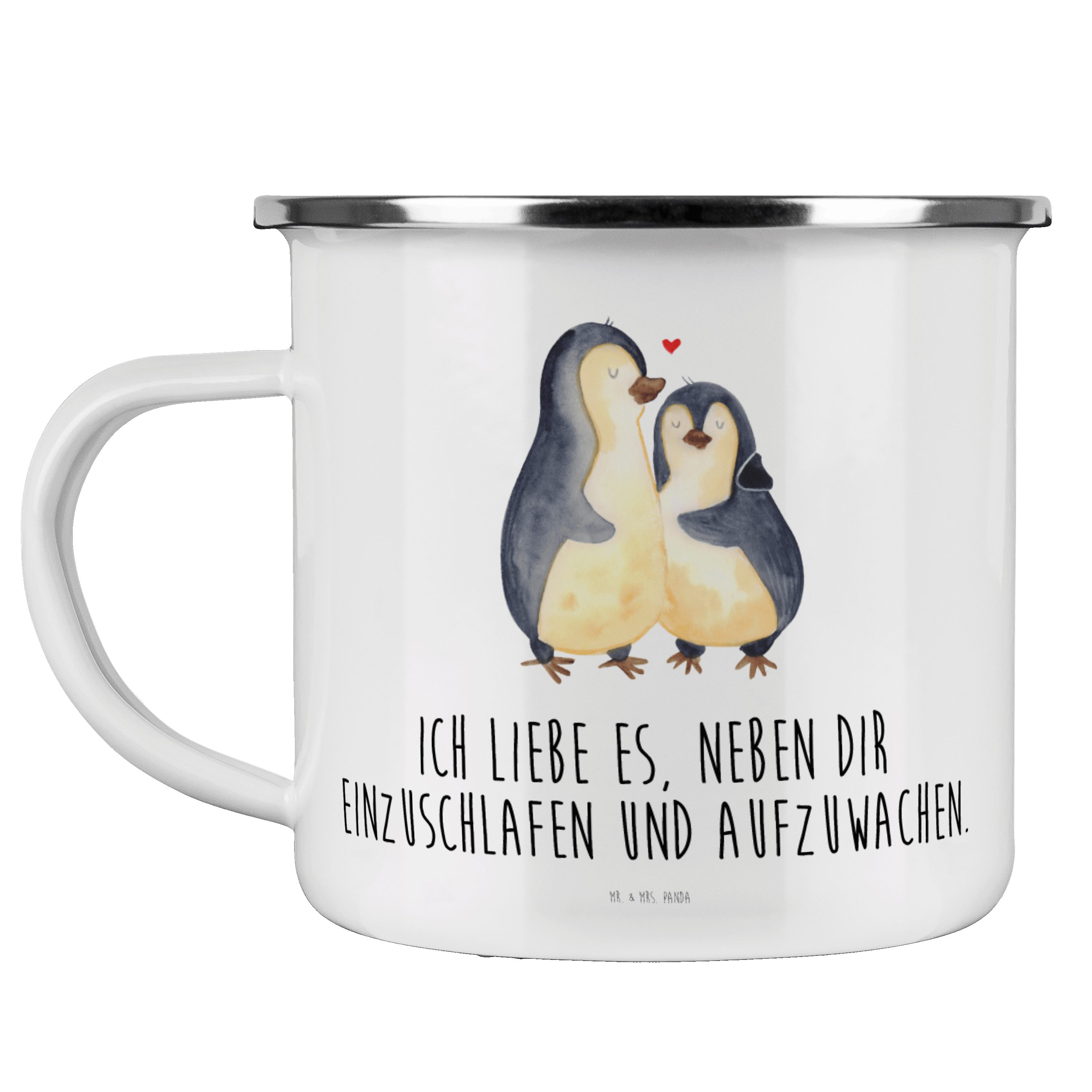 Mr. & Mrs. Panda Becher Pinguine Einschlafen - Weiß - Geschenk, Ehemann, Ehefrau, Campingtass, Emaille