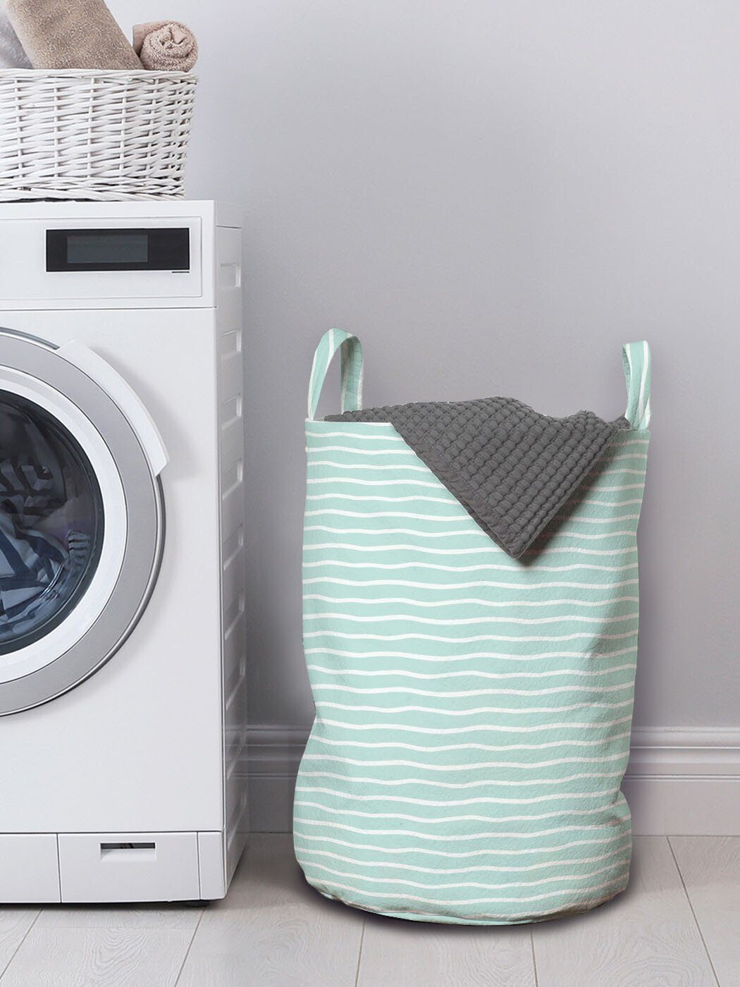 Wäschekorb Abakuhaus Wellenförmige Wäschesäckchen Ungleiche für Griffen Kordelzugverschluss Waschsalons, mit Pastellstreifen Minze