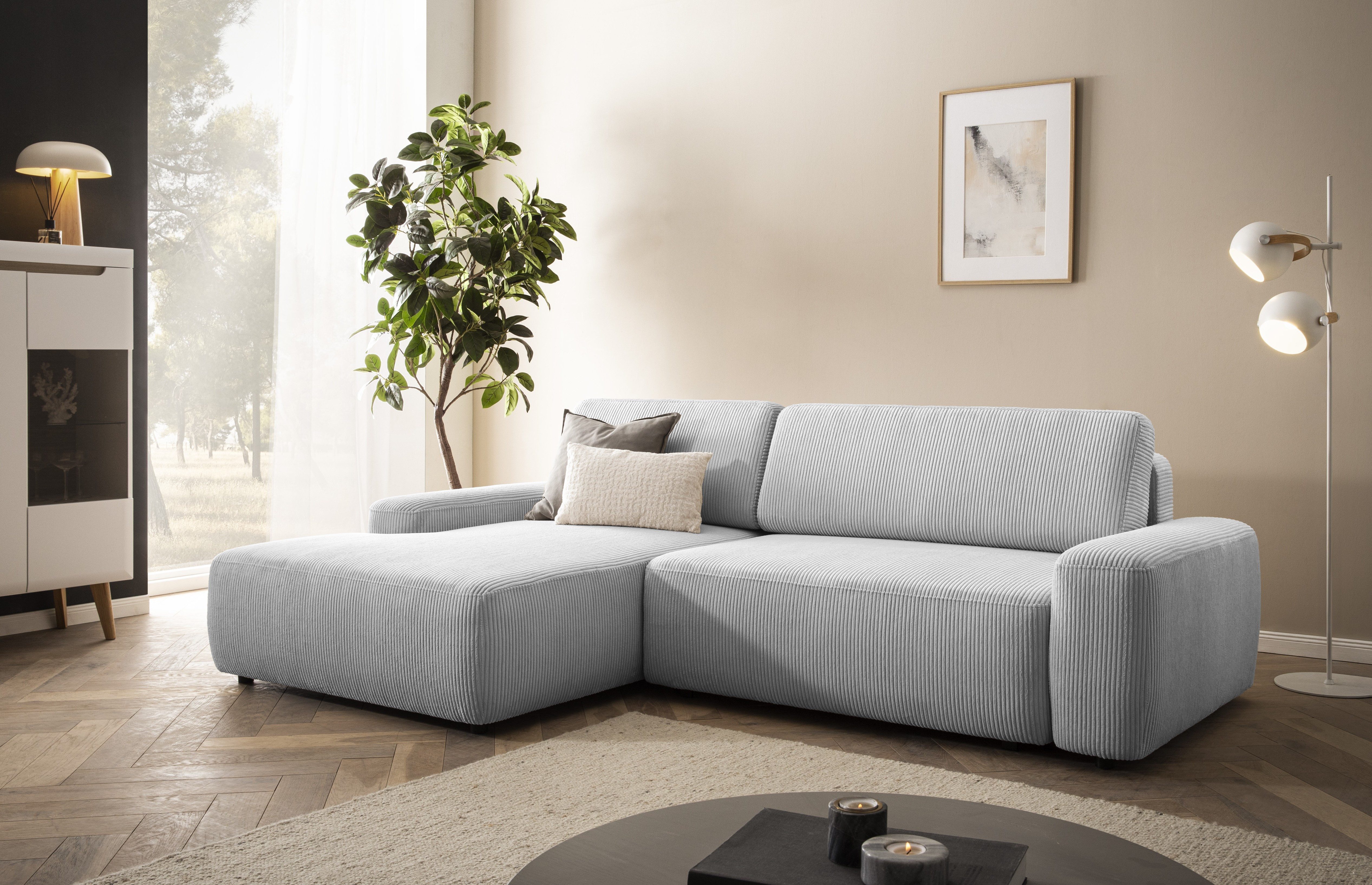 INOSIGN Ecksofa TORGE (264cm), Schlafsofa in Cord, Samtvelours o Struktur fein, L-Form, Schlaffunktion, Bettkasten, Liegefläche: 125/210 cm