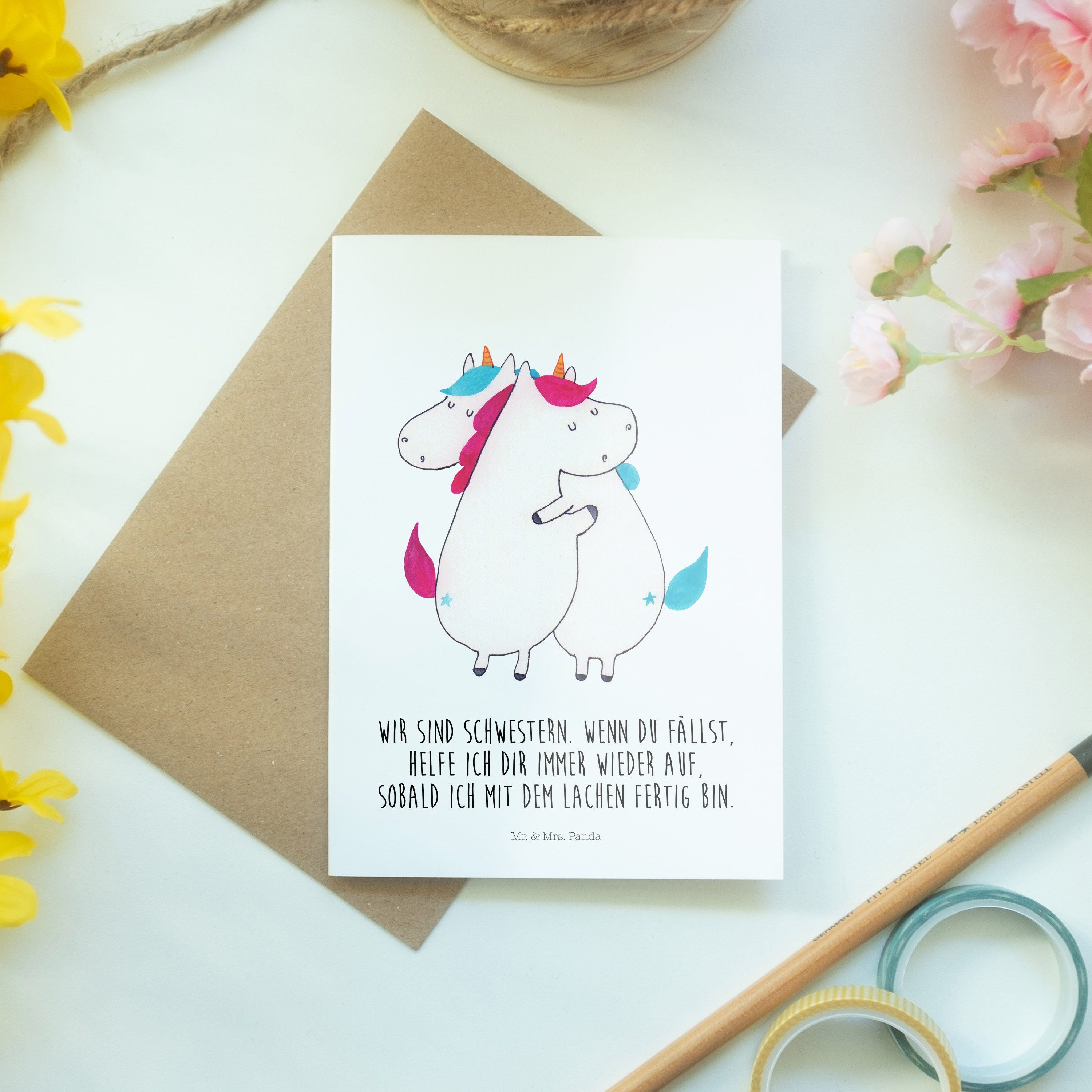 Grußkarte Weiß - Geschenk, Einhorn, Mr. Umarmen Panda Einhörner Geburtstagskar Mrs. & Unicorn, -
