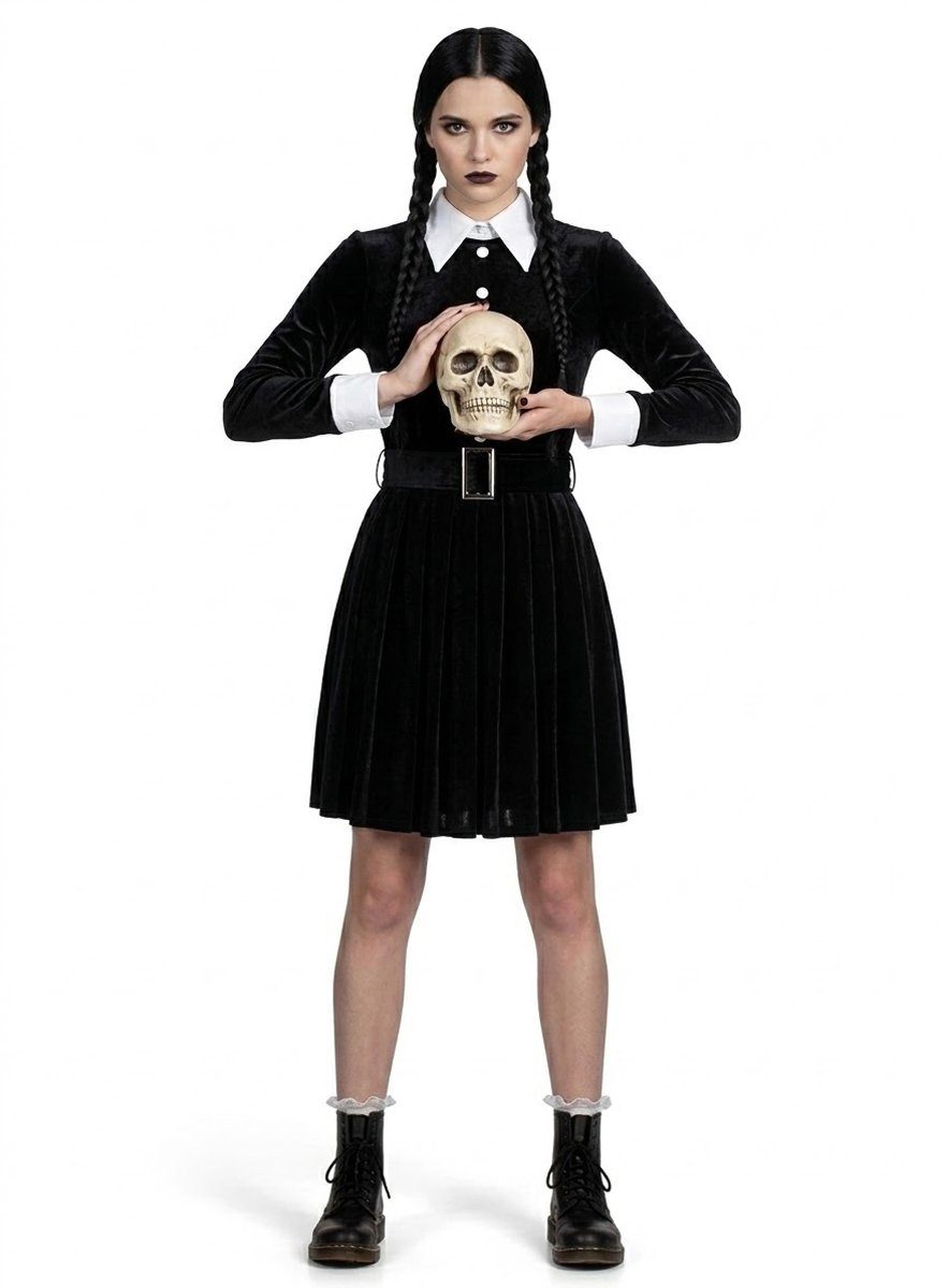 Metamorph Hexen-Kostüm Wednesday - Schulmädchen Halloween Kostüm Damen, Schwarzes Hexenkleid mit Faltenrock für Teenager und Erwachsene