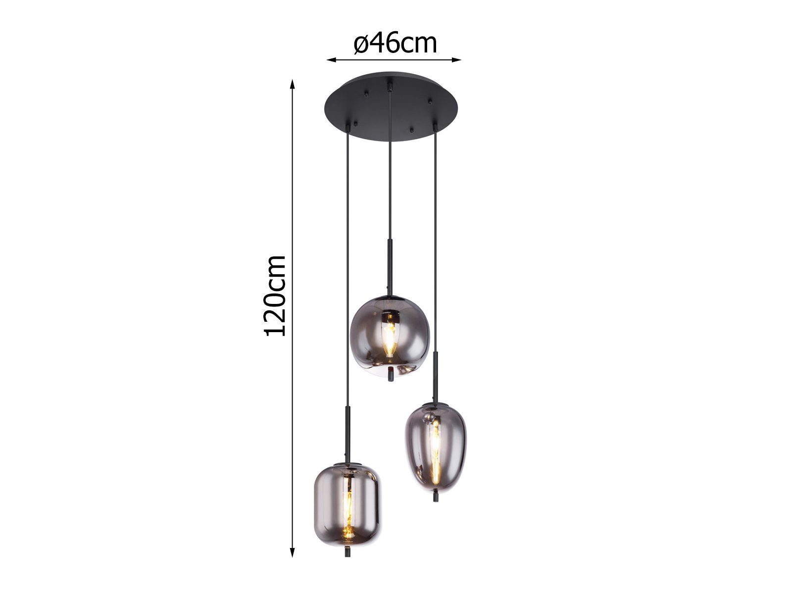 GLOBO LIGHTING LED Pendelleuchte, Leuchtmittel stufenweise über Wandschalter dimmbar, LED wechselbar, warmweiß, Cluster Rauchglas dreiflammig Glas-kugel hängend über-n Esstisch Ø46cm