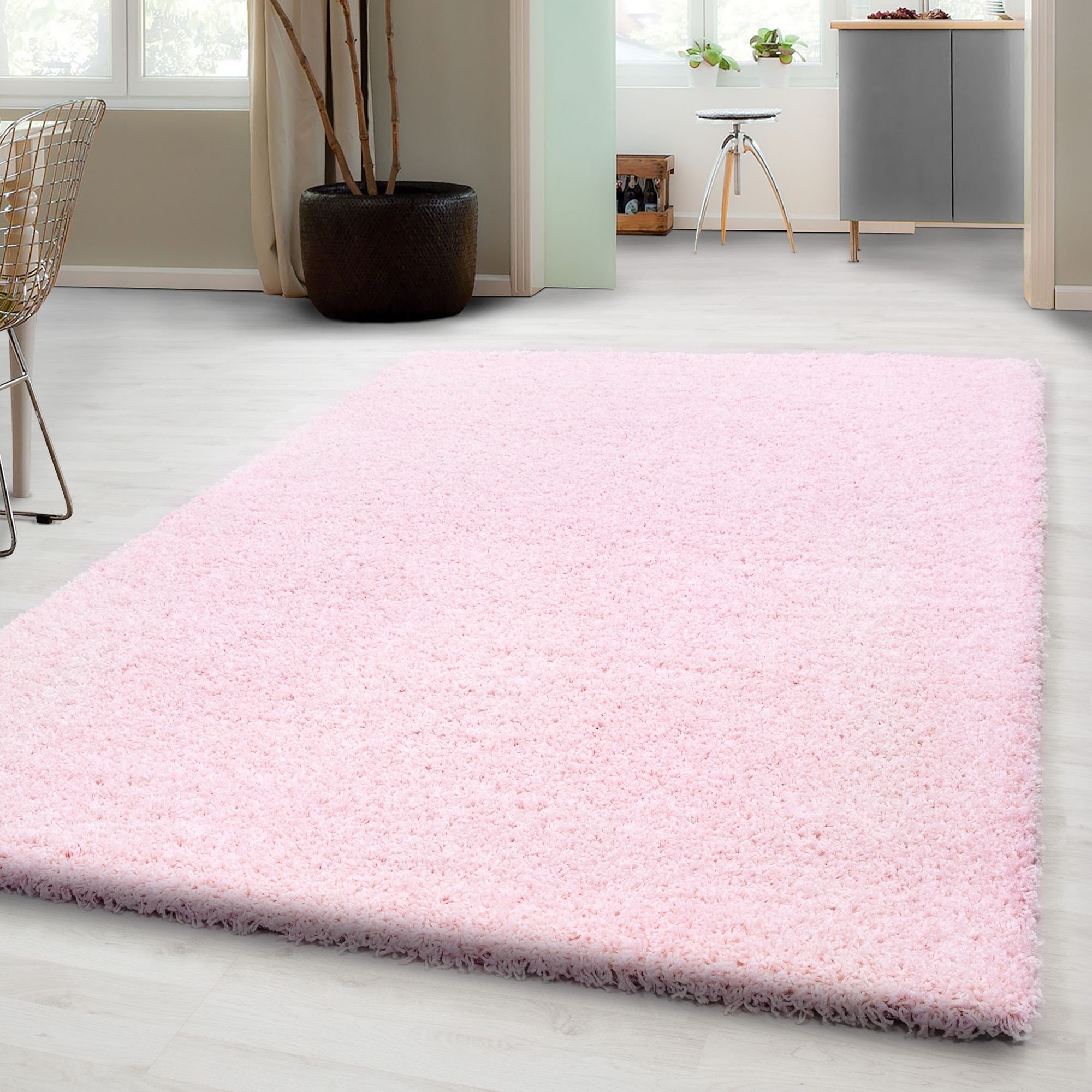 Hochflor-Teppich Unicolor - Einfarbig, Carpetsale24, Läufer, Höhe: 30 mm, Einfarbig Shaggy Teppich Wohnzimmer Langflor versch. farben und größen Rosa
