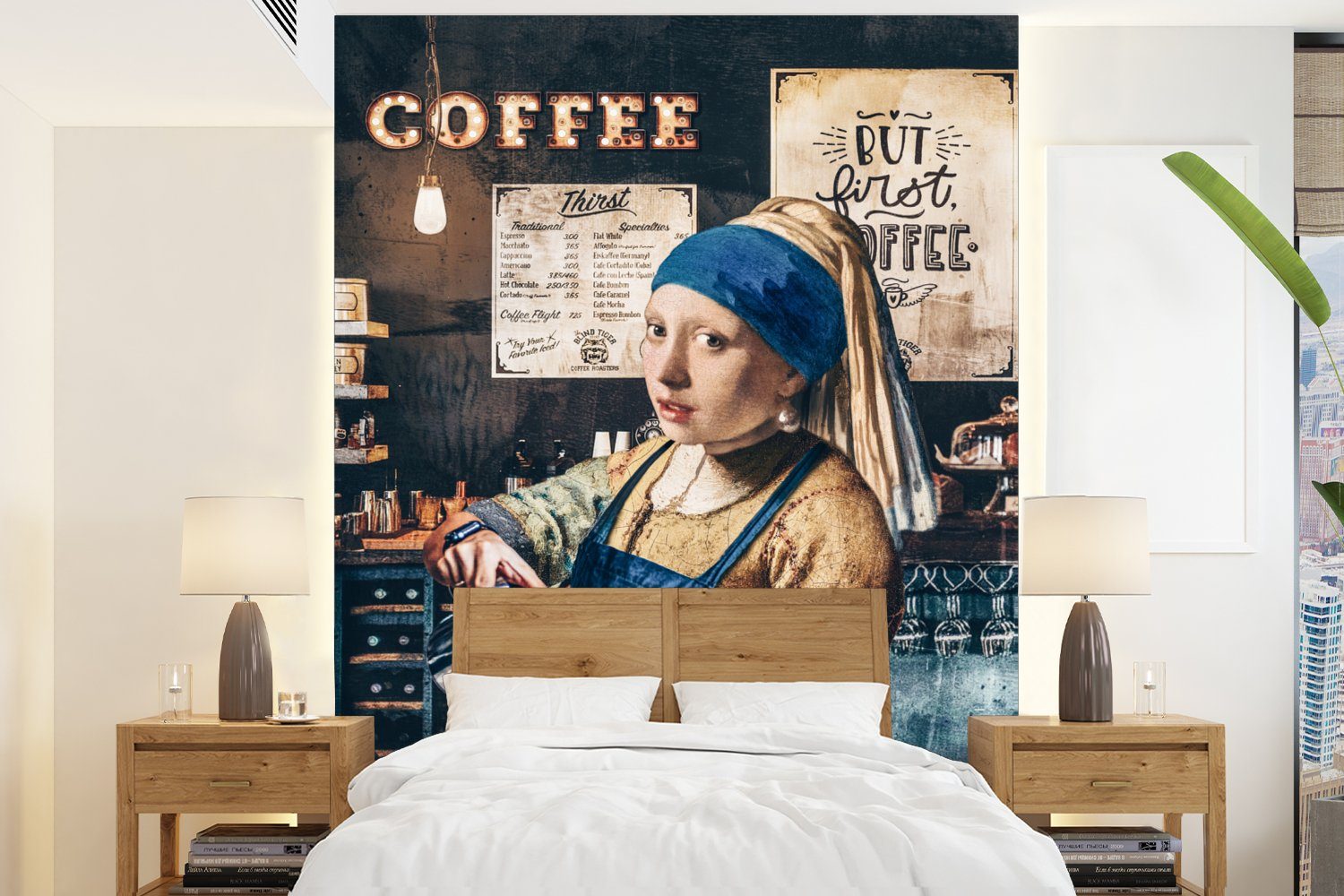 MuchoWow Fototapete Cappuccino machen - Mädchen mit Perlenohrring - Kaffee - Barista -, Matt, bedruckt, (4 St), Montagefertig Vinyl Tapete für Wohnzimmer, Wandtapete