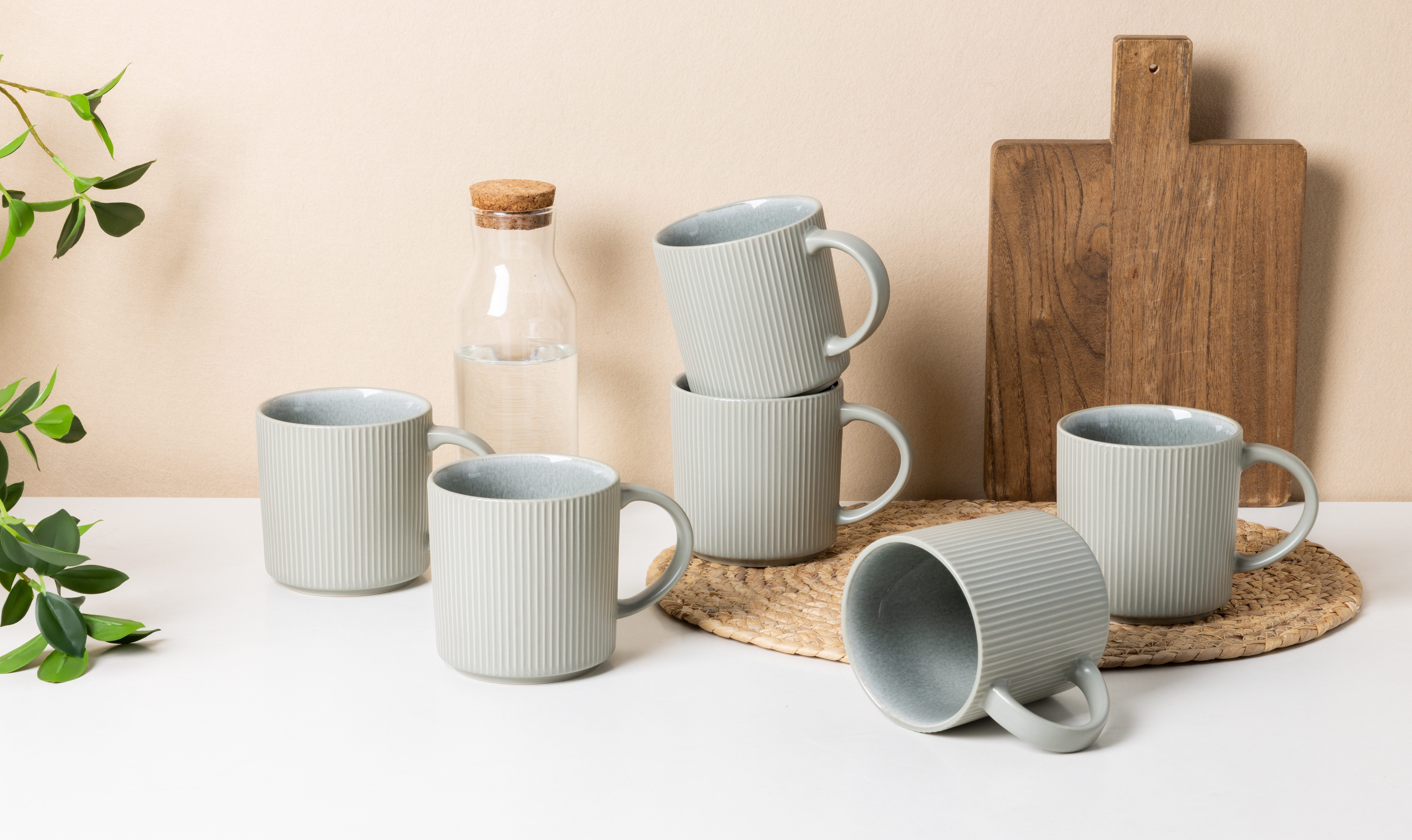 OTTO home Becher Kaffeebecher Ylvii, 6er Set, 6-tlg., Steinzeug, Riffeloptik, spülmaschinenfest und mikrowellengeeignet, 460 ml