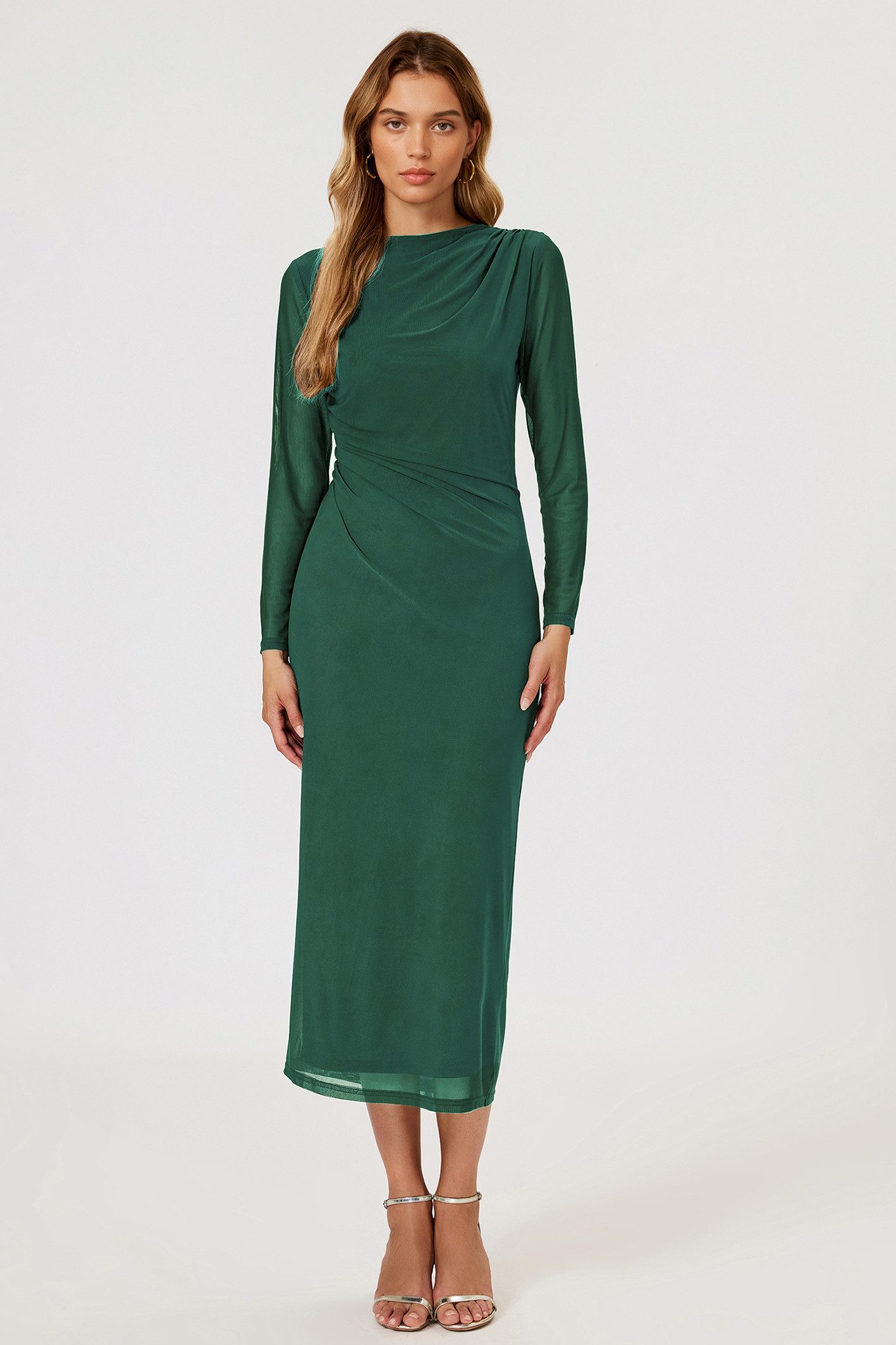 FS Collection Abendkleid Damen Abendkleid Maxikleid Partykleid Langarm Elegant Figurbetont (XS (EU:36 / UK:8) · S (EU:38 / UK:10) · M (EU:40 / UK:12) · L (EU:42 / UK:14) · XL (EU:44 / UK:16), 4 Farben: Teal, Rot, Grün und Aqua) Drapierter Ausschnitt, Taillenraffung, Mesh, figurbetonter Schnitt