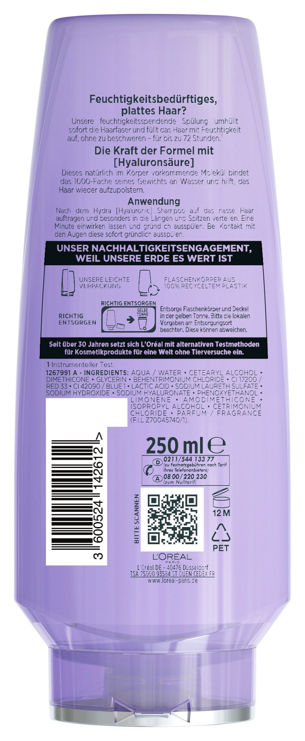 L'ORÉAL PARIS Haarspülung L'Oréal Paris Elvital Hydra [Hyaluronic] Spülung, Packung, 6-tlg., Hyaluronsäure für trockenes Haar, spendet 72h lang Feuchtigkeit.