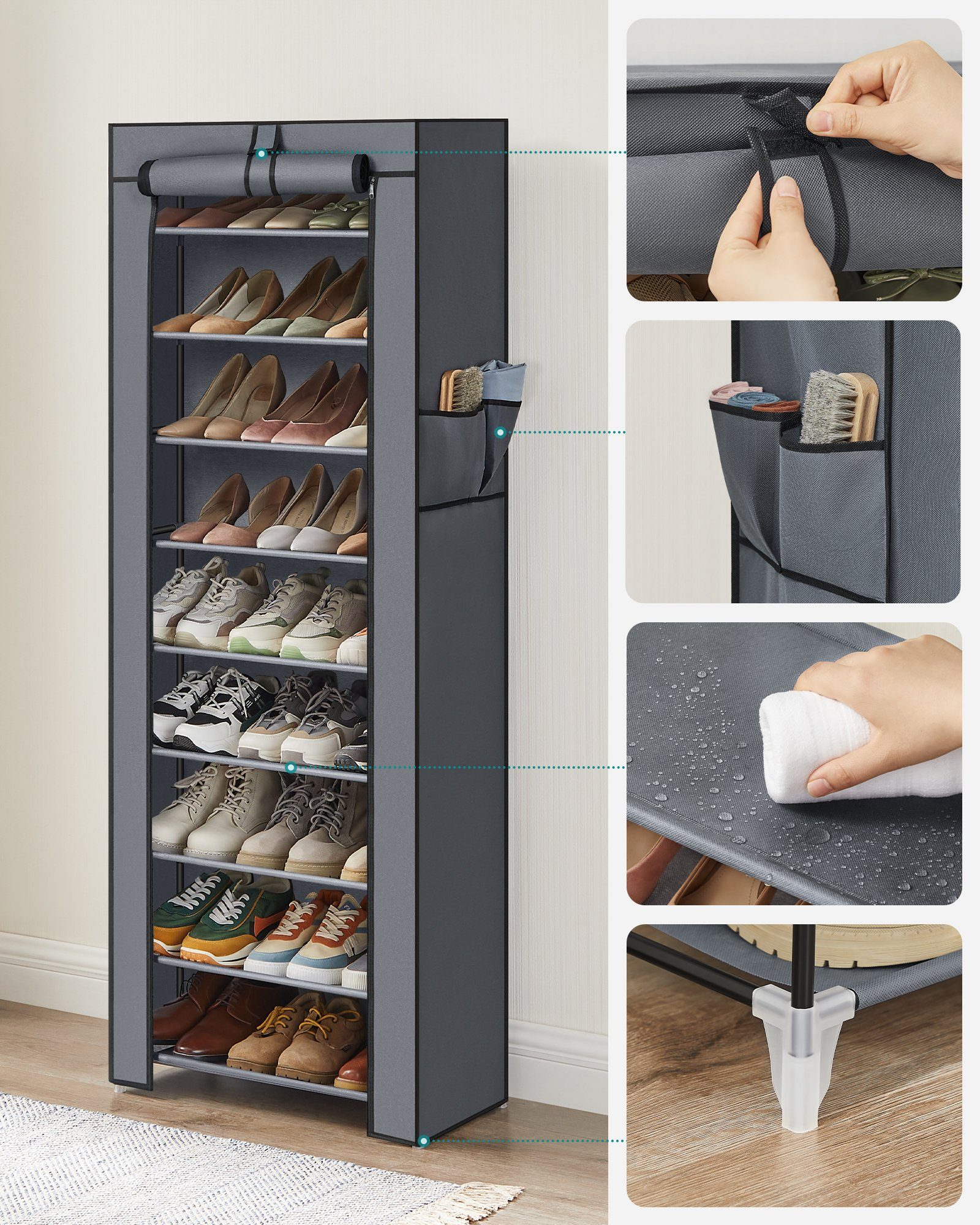 SONGMICS Stoffschrank Schuhschrank mit Ablagen, geräumig, 58x28x160 cm – Bild 4 von 5