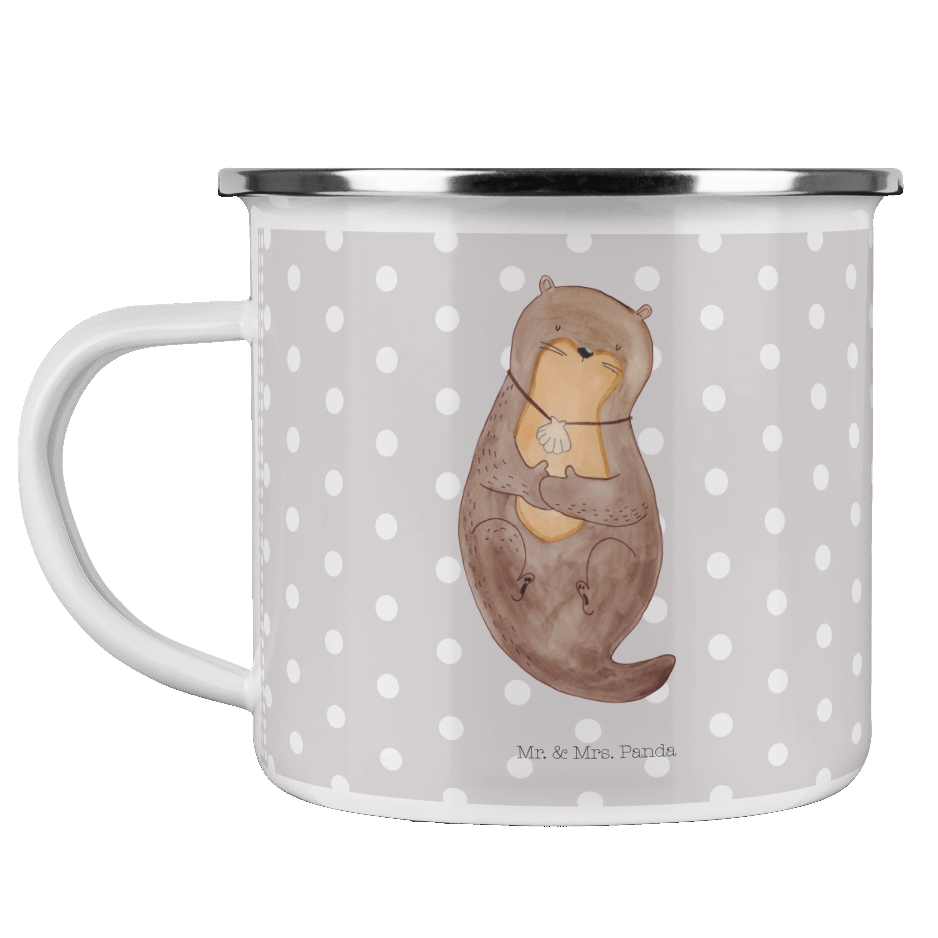 Mr. & Mrs. Panda Becher Otter mit Muschelmedaillon - Grau Pastell - Geschenk, Emaille Trinkbe, Emaille